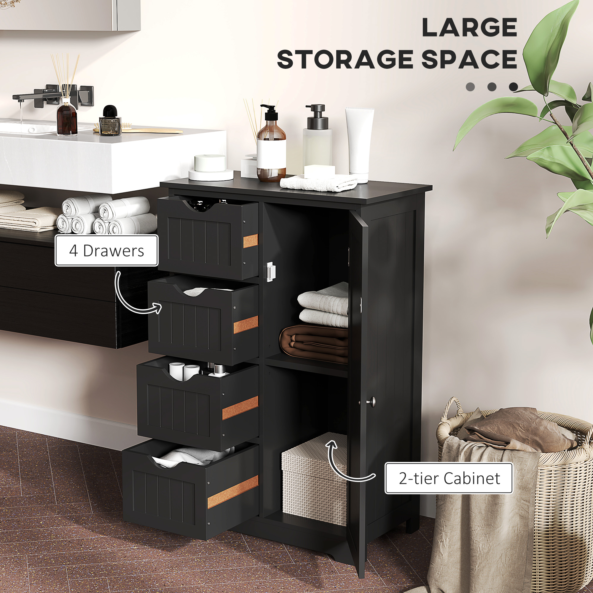 Bathroom Storage Cabinet, Floor Cabinet with Adjustable Shelf and 4 Drawers, Side Cabinet for Washroom, Black - Image 2