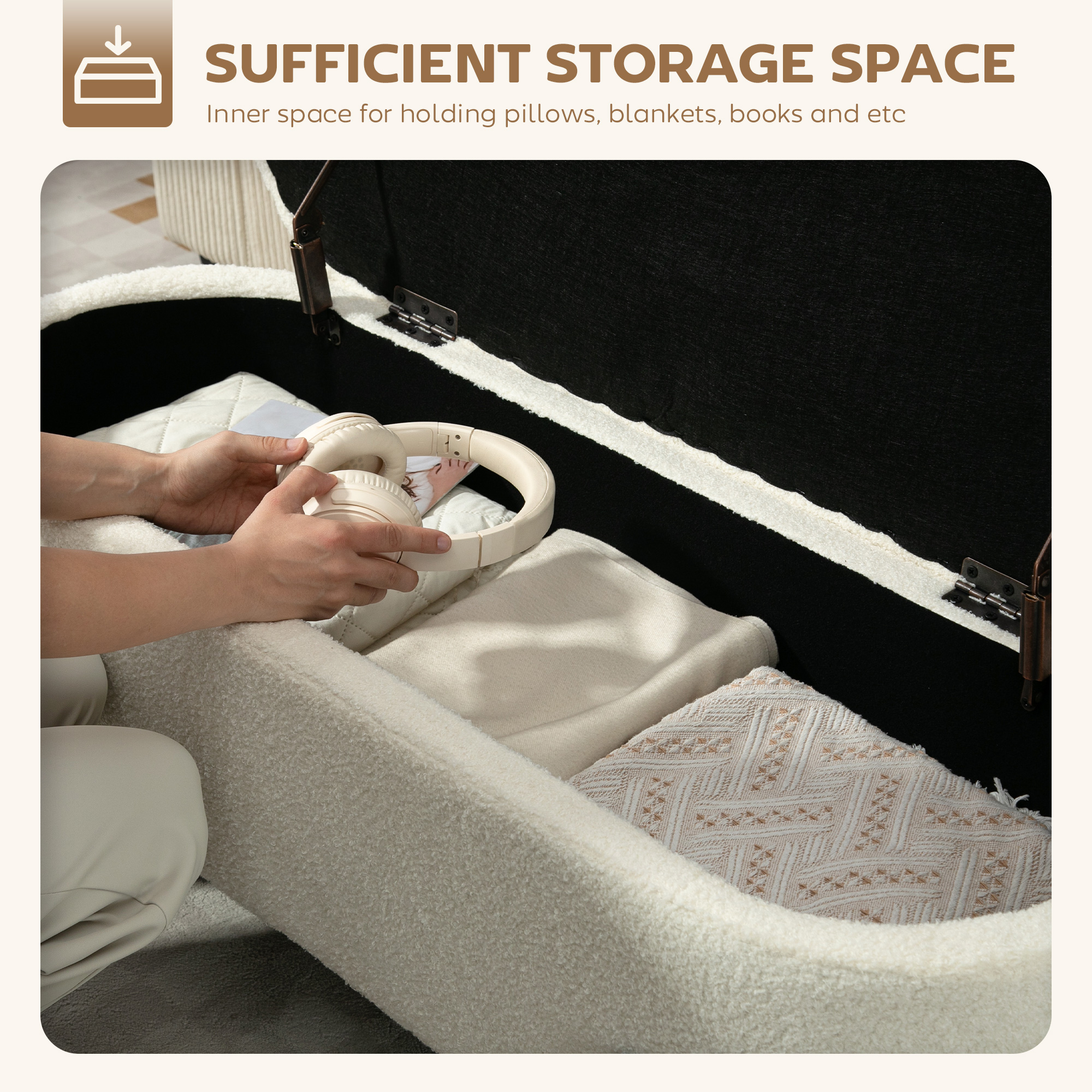 Storage Ottoman with Lift-Up Lid and Steel Legs, 45 Inches Sherpa Fleece Storage Chest for Living Room, Cream White - Image 2
