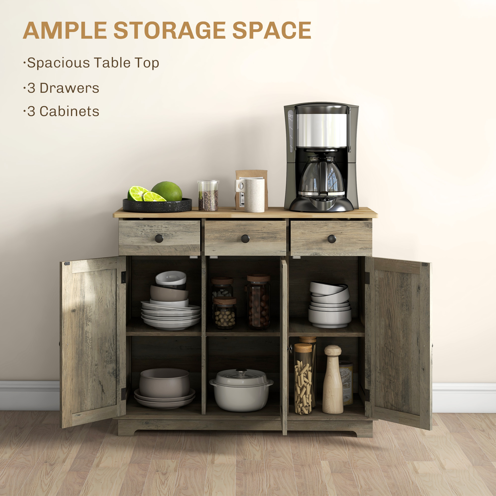 Modern Sideboard, Buffet Cabinet with Storage Cabinets, Drawers and Adjustable Shelves for Living Room, Washed Grey - Image 2