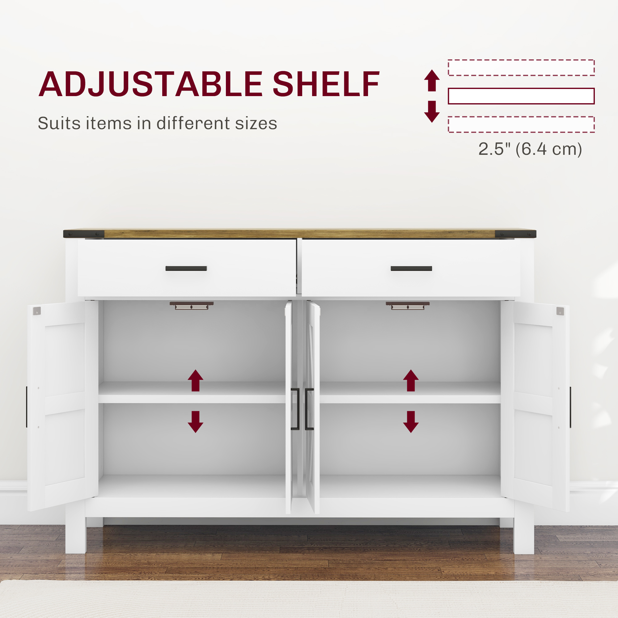 Sideboard Buffet Cabinet, Farmhouse Kitchen Storage Cabinet w/ 2 Drawers and Shelves for Living Room, Entryway - Image 3