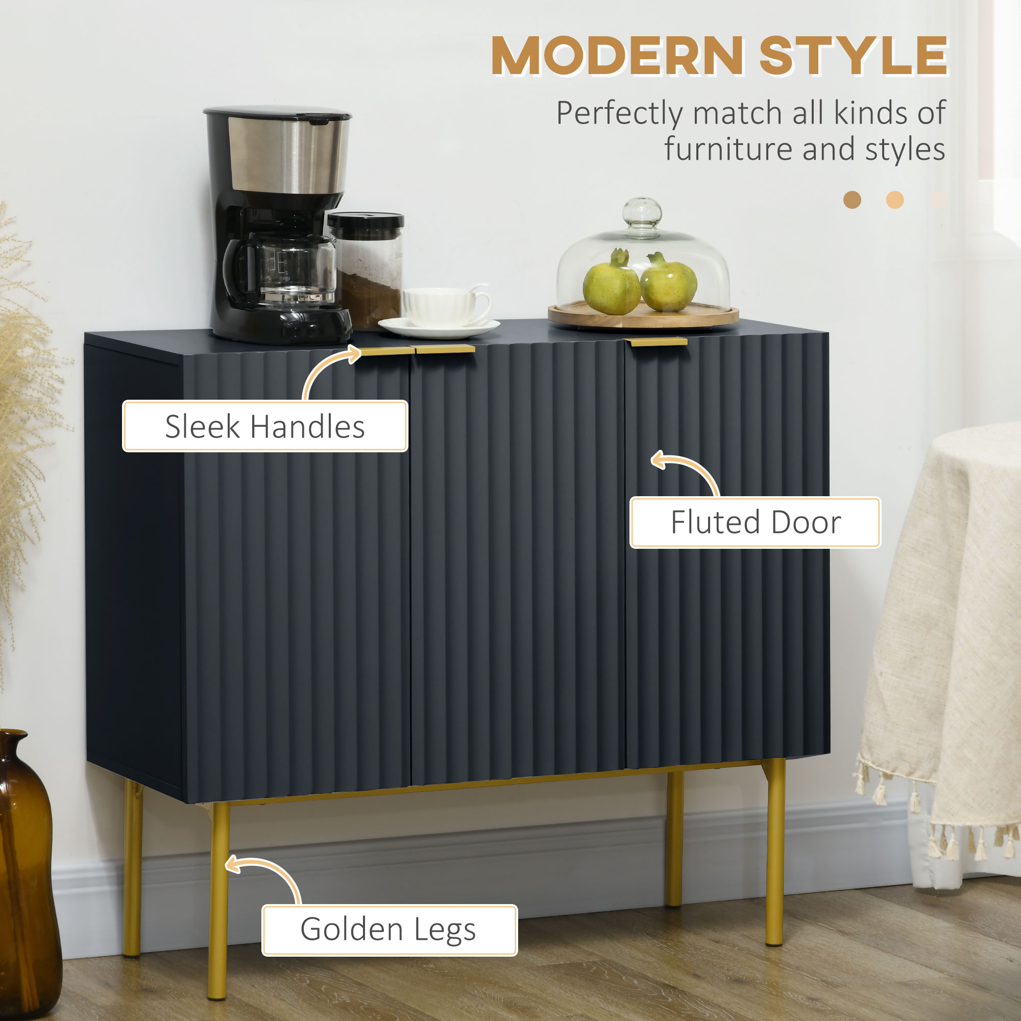 Modern Storage Cabinet Sideboard Buffet Cabinet with Gold Legs for Living Room Dining Room Hallway Black - Image 2