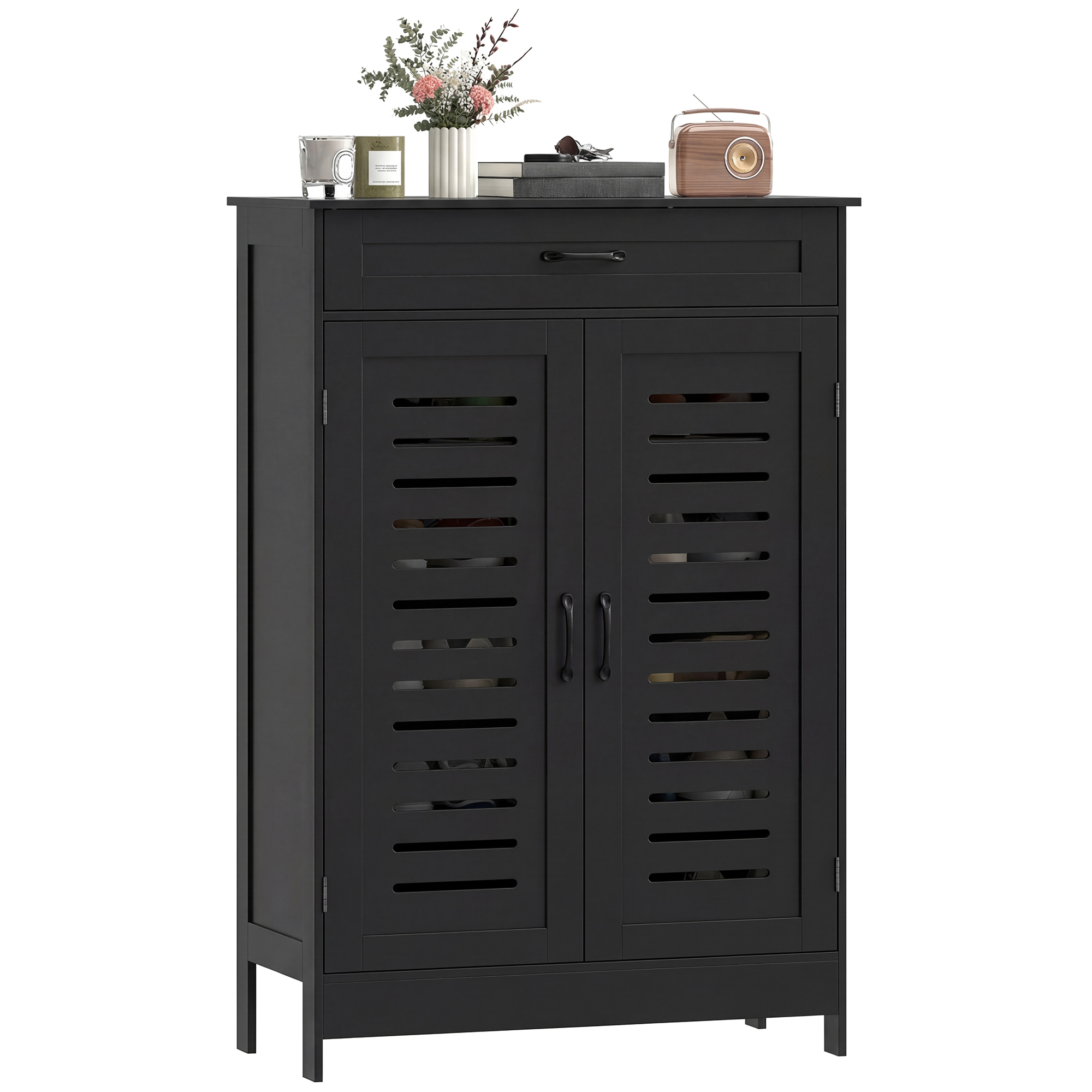 Shoe Cabinet with Louvered Doors, Modern Shoe Storage Cabinet with Drawer and Adjustable Shelves, Black