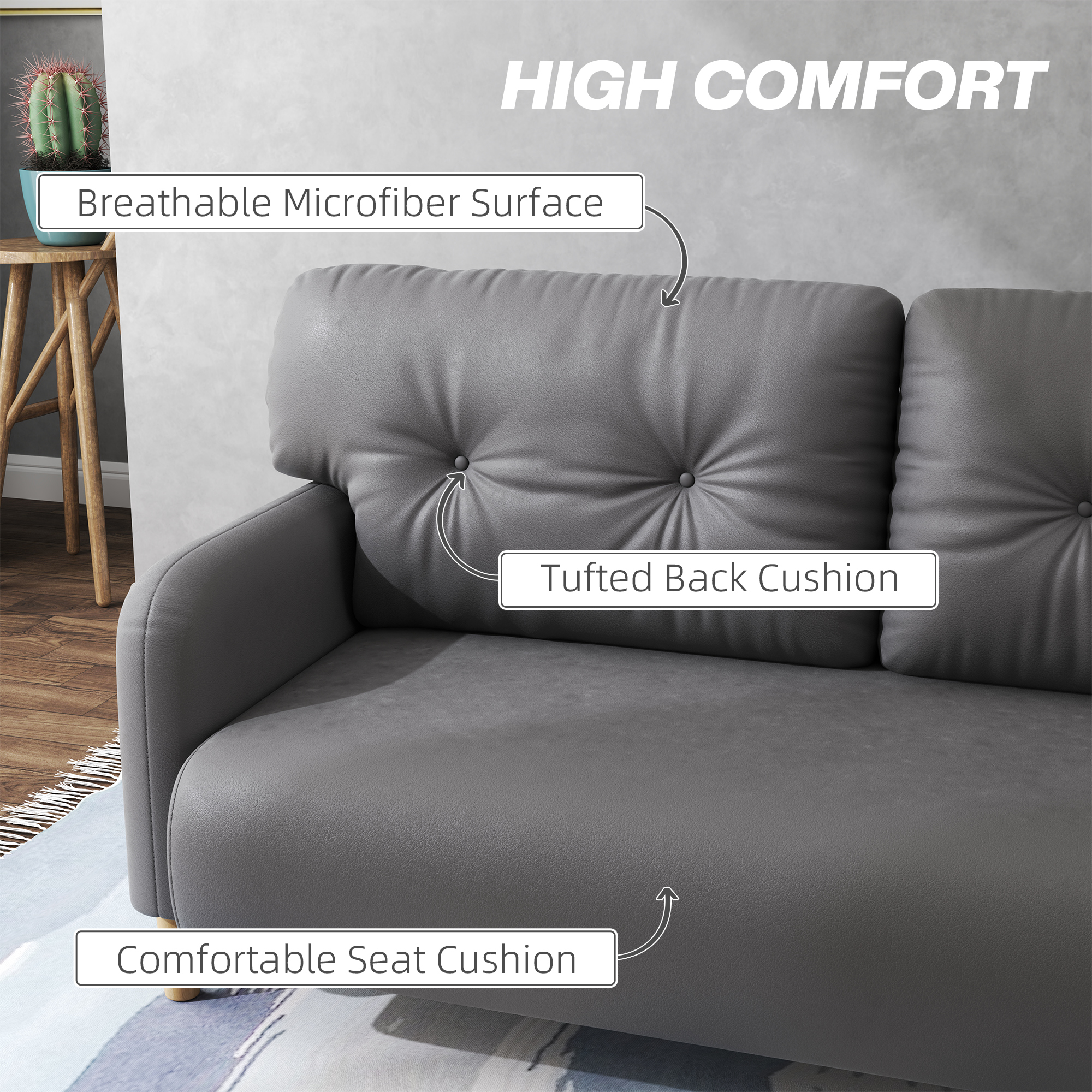 58" 2 Seat Sofa, Modern Love Seats Furniture, Upholstered 2 Seater Couch, Solid Wood Frame, Grey - Image 3