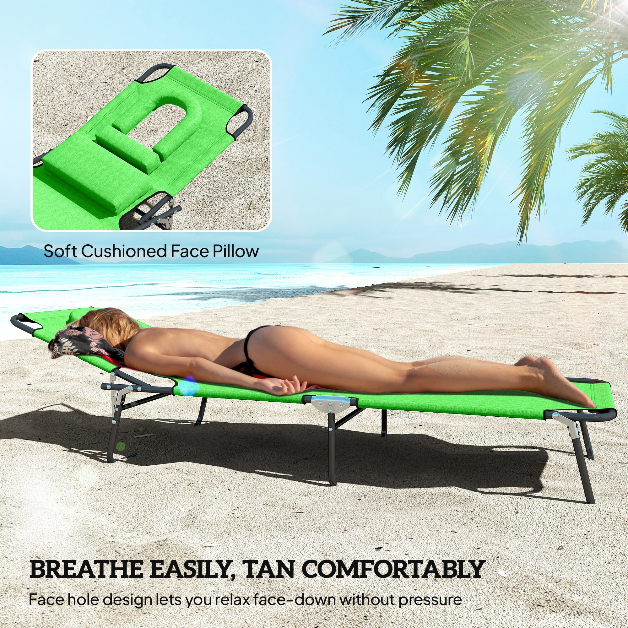 Folding Lounge Chair Set of 2, Reclining Beach Tanning Chair with Face Hole, Pillow, 4-Position Adjustable Flat Sun Lounger, Steel Frame for Outdoor Patio Pool, Green - Image 5