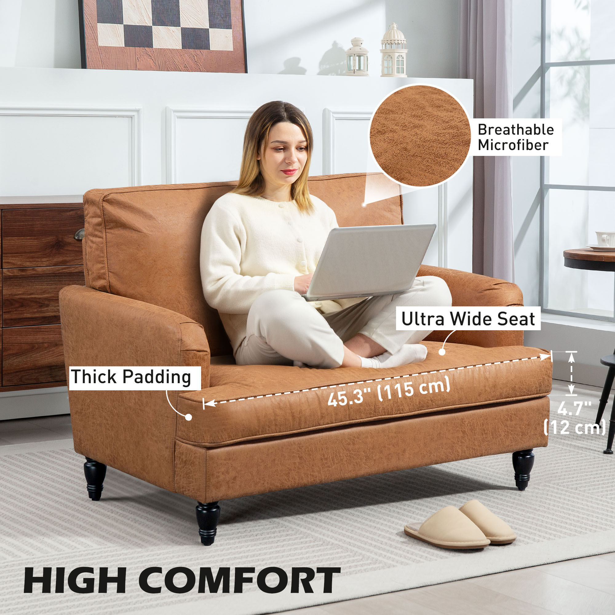 Modern Accent Chair, Leathaire Armchair with Turned Legs and Wide Seat, Comfy Chair for Living Room, Brown - Image 2