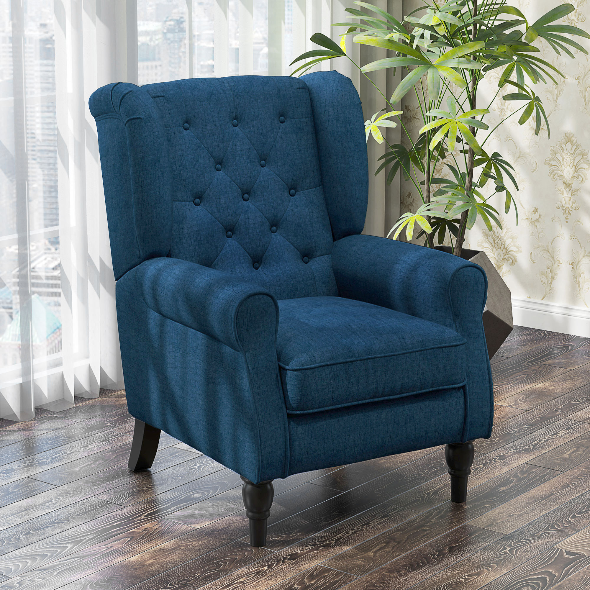 Button Tufted Accent Chair for Living Room - Upholstered Wingback with Wood Legs, Rolled Arms, Thick Padding, Blue - Image 6