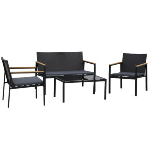 4 Pieces Wicker Patio Furniture Set with Cushions, Outdoor Rattan PE Rattan Conversation Set, Chairs and Loveseat with PS Board Armrests Decoration, Glass Top Table, Black