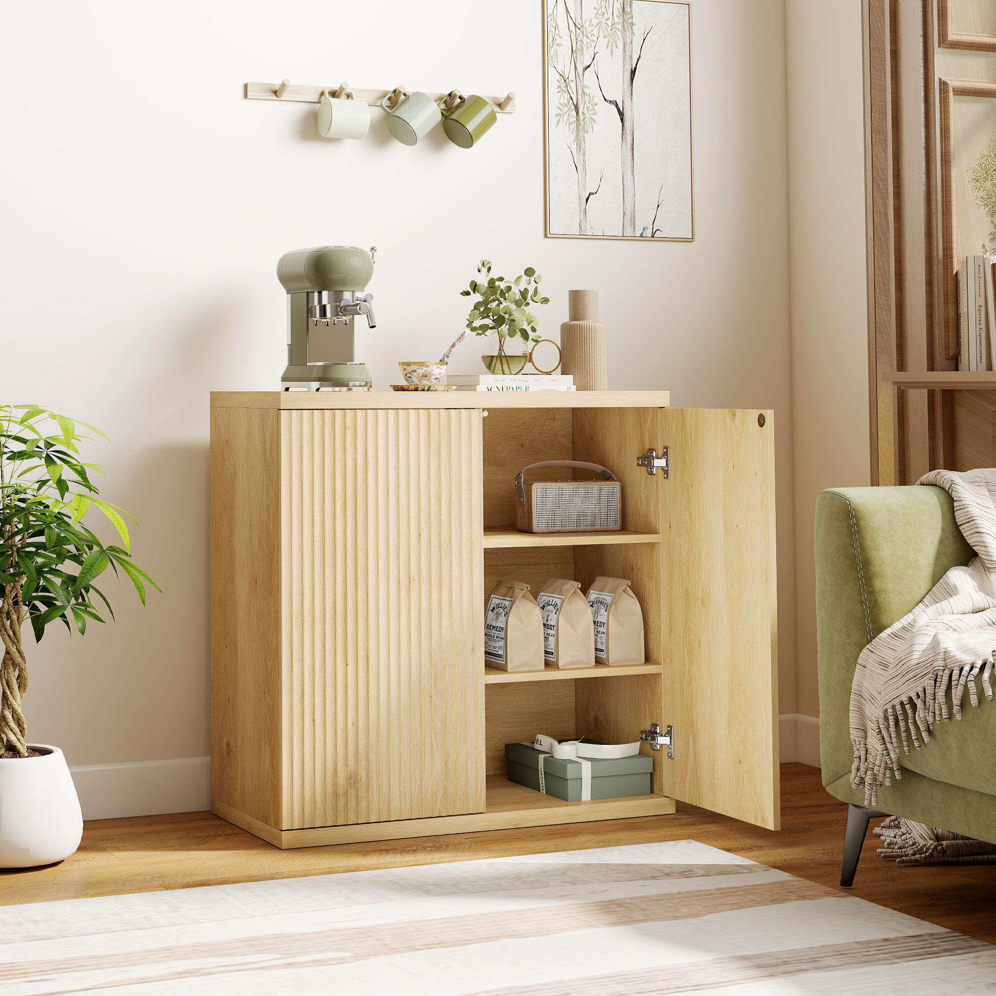 Sideboard Buffet Cabinet, 30.7" Modern Kitchen Storage Cabinet with Soft-Close Door and Adjustable Shelves, Oak - Image 6