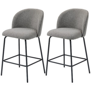Set of 2 Counter Height Barstools, Upholstered Linen Bar Stools with Backrest, Footrest and Steel Legs, Dark Grey