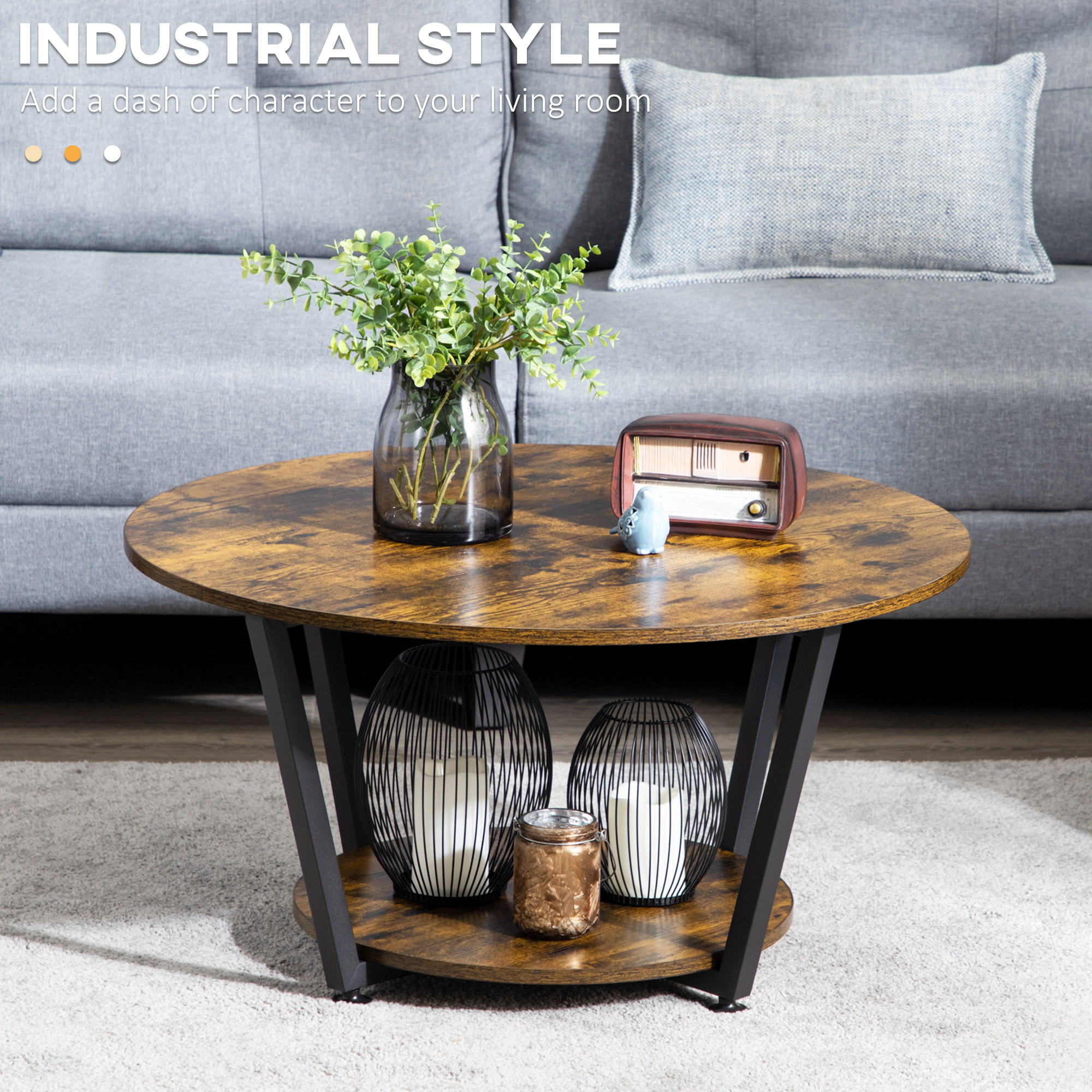 2-Tier Round Coffee Table with Storage Shelf, Industrial Center Table with Steel Frame for Living Room, Rustic Brown - Image 2