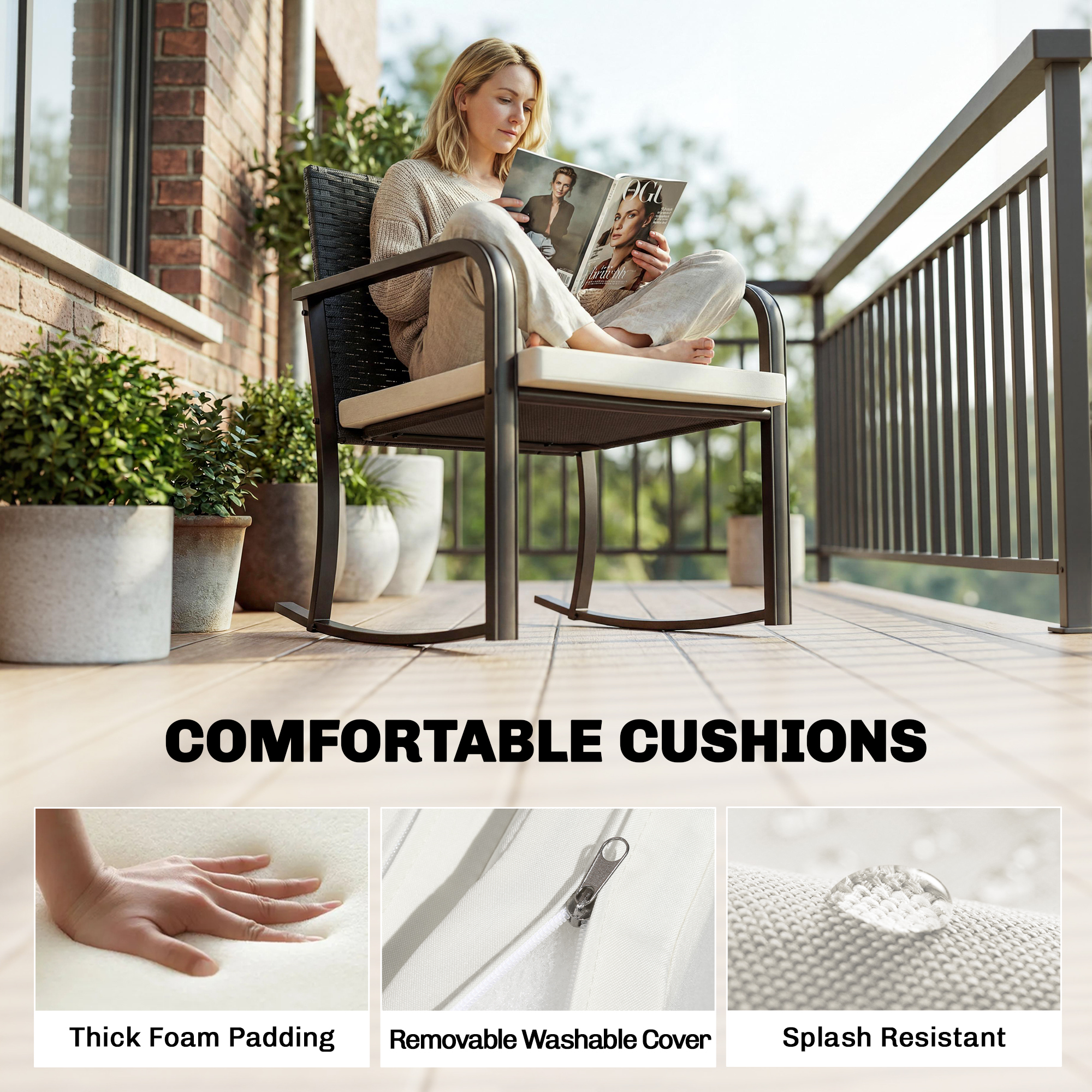 3 Pieces Rocking Bistro Set Outdoor Patio Furniture Set with Cushions, Glass Coffee Table for Balcony, Cream White - Image 4
