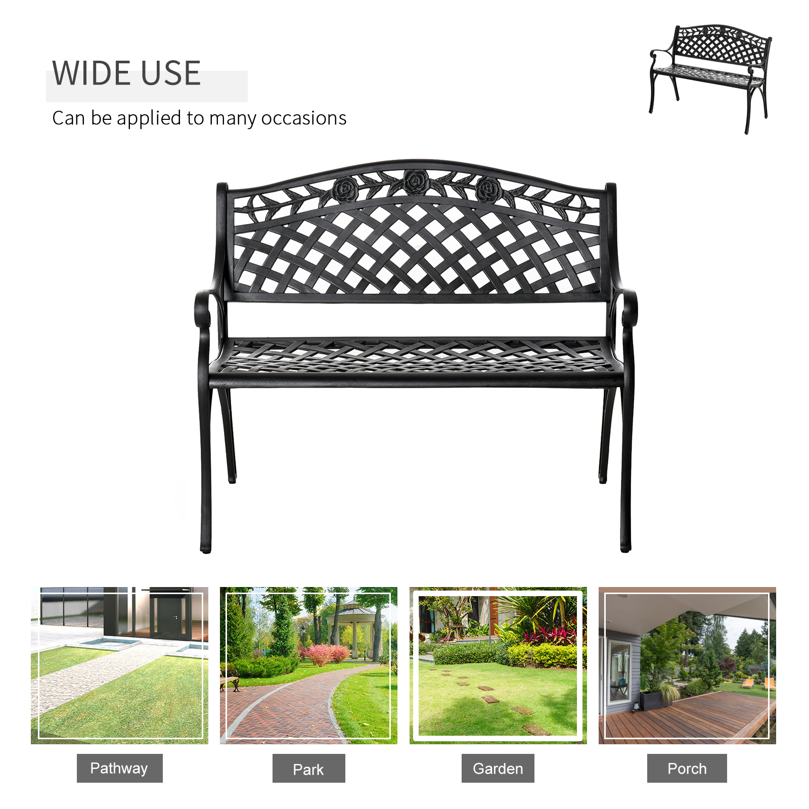 Outdoor Garden Bench, 40" Patio Bench with Aluminum Frame and Armrests, 2-Person Patio Loveseat with Floral Pattern for Park, Porch, Yard, Lawn, 485 LBS Capacity - Image 2