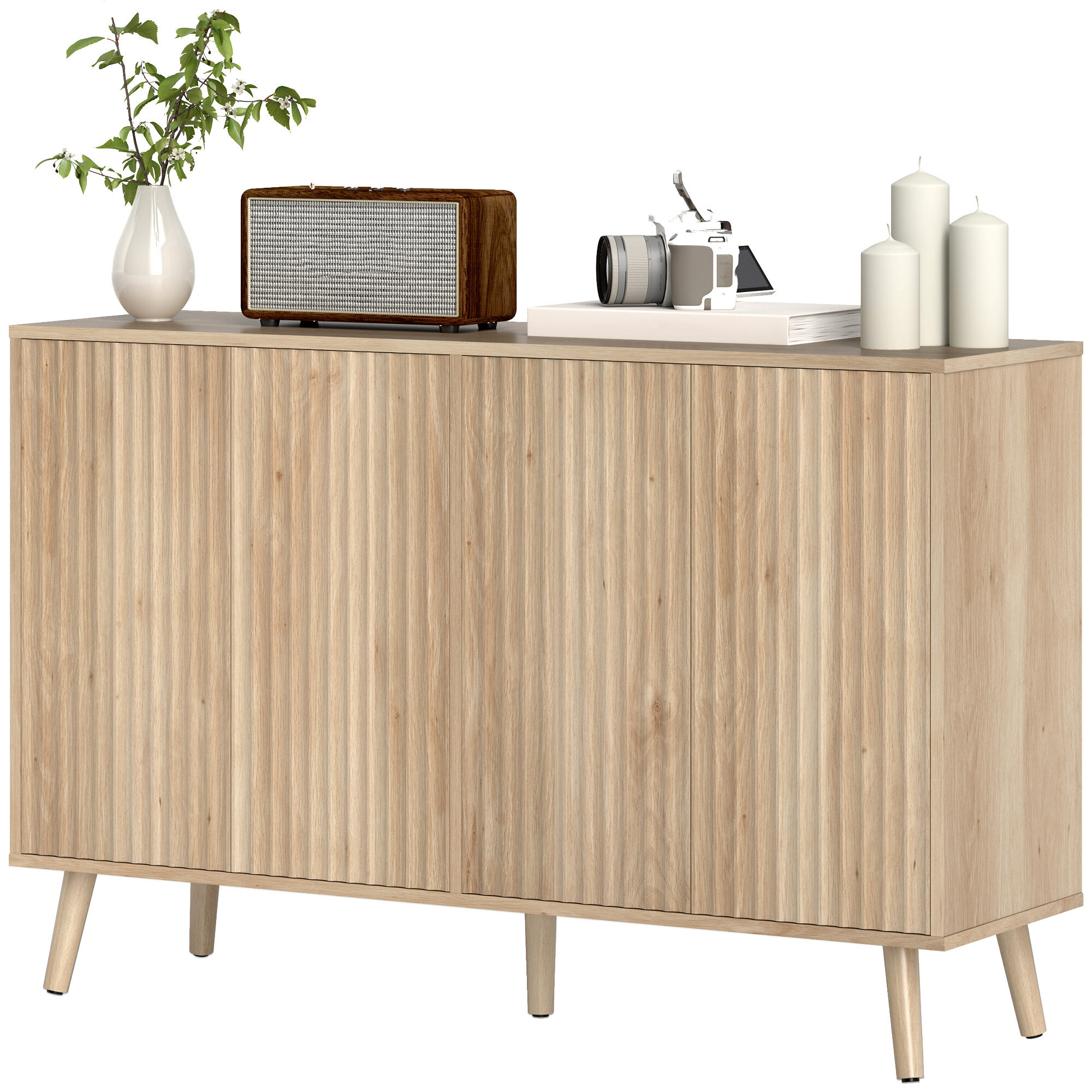 Buffet Cabinet with Storage Modern Fluted Sideboard with Adjustable Shelves Wood Legs for Dining Room Living Room Oak