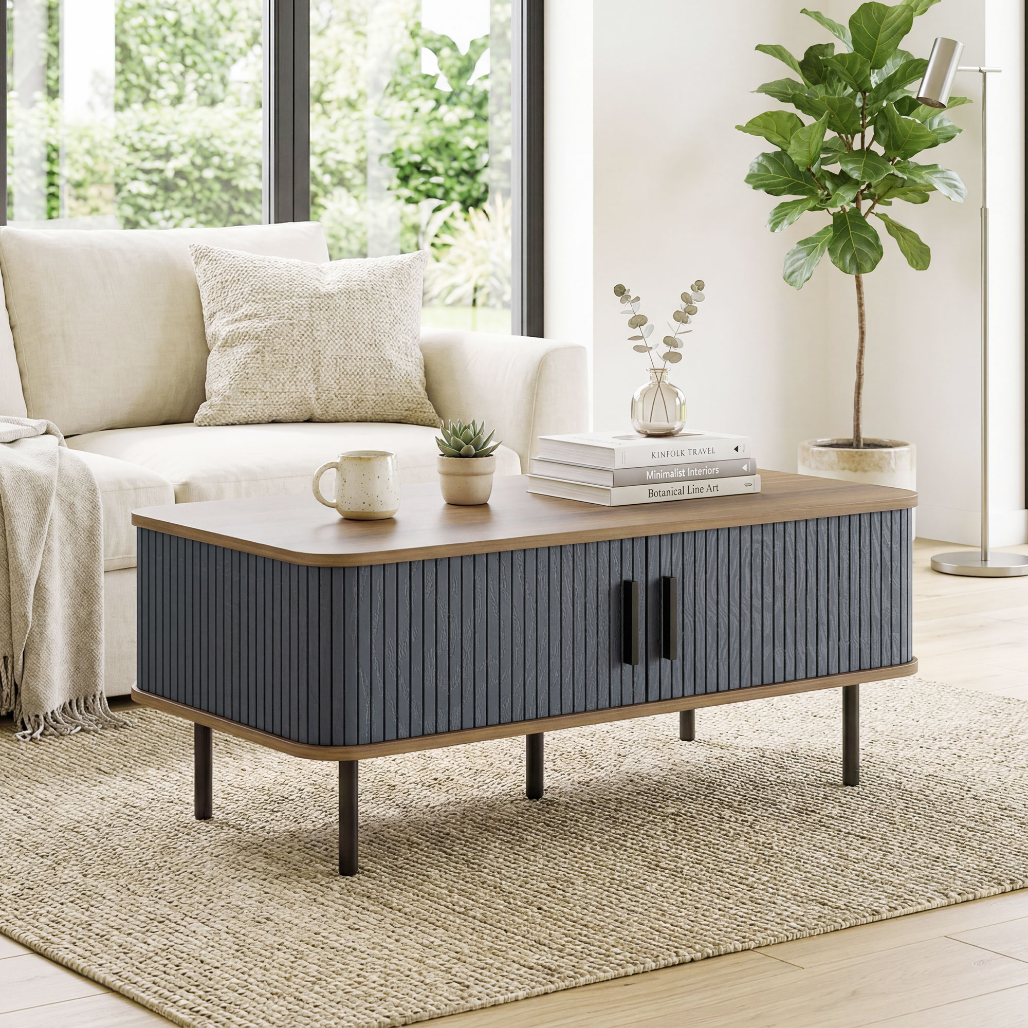 Nordic Side Table with Fluted Tambour Sliding Doors and Steel Legs, Coffee Table with Storage for Living Room, Black - Image 6