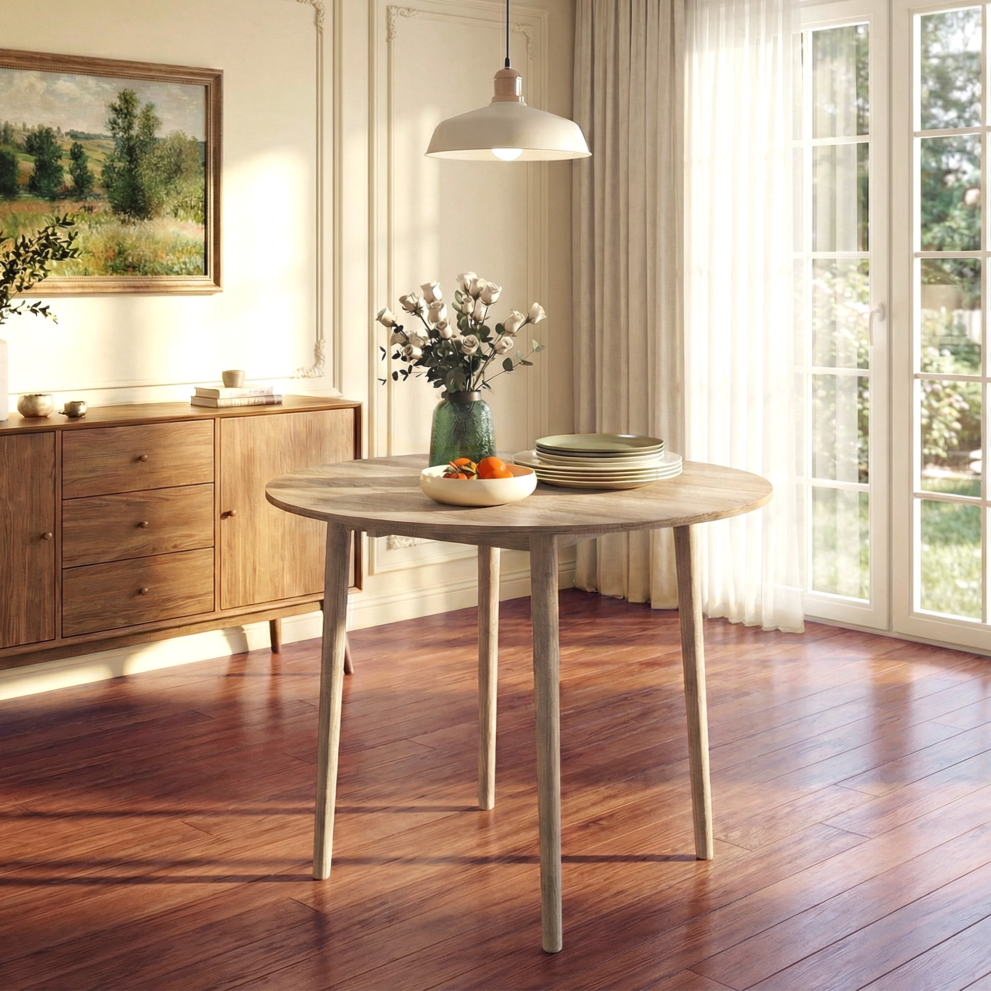 Folding Dining Table, Round Drop Leaf Kitchen Table for Small Spaces with Wood Legs, Oak - Image 6