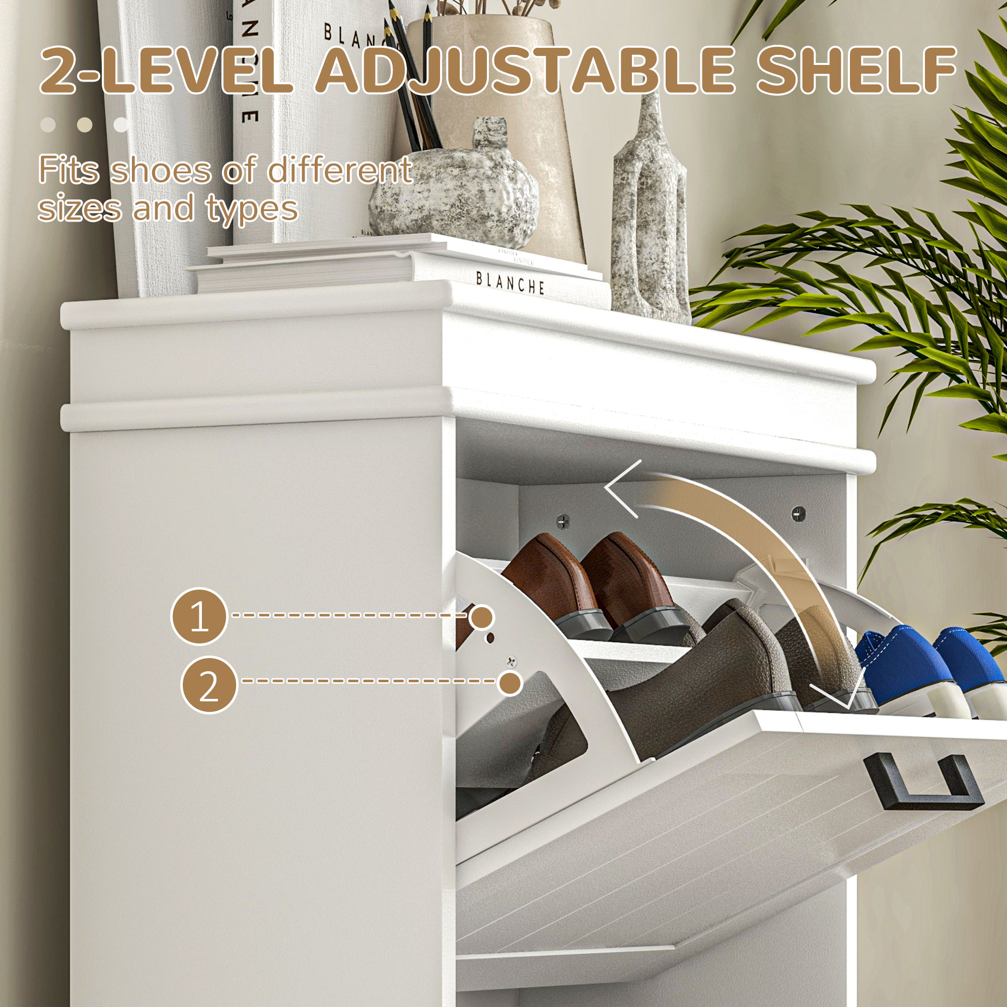 Shoe Storage Cabinet with 2 Flip Drawers and Adjustable Shelves, Narrow Shoe Cabinet for 10 Pairs of Shoes, White - Image 3