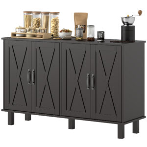 Kitchen Sideboard Cabinet with 4 Barn Doors and 2 Adjustable Shelves, Buffet Table for Living Room, Hallway, Black