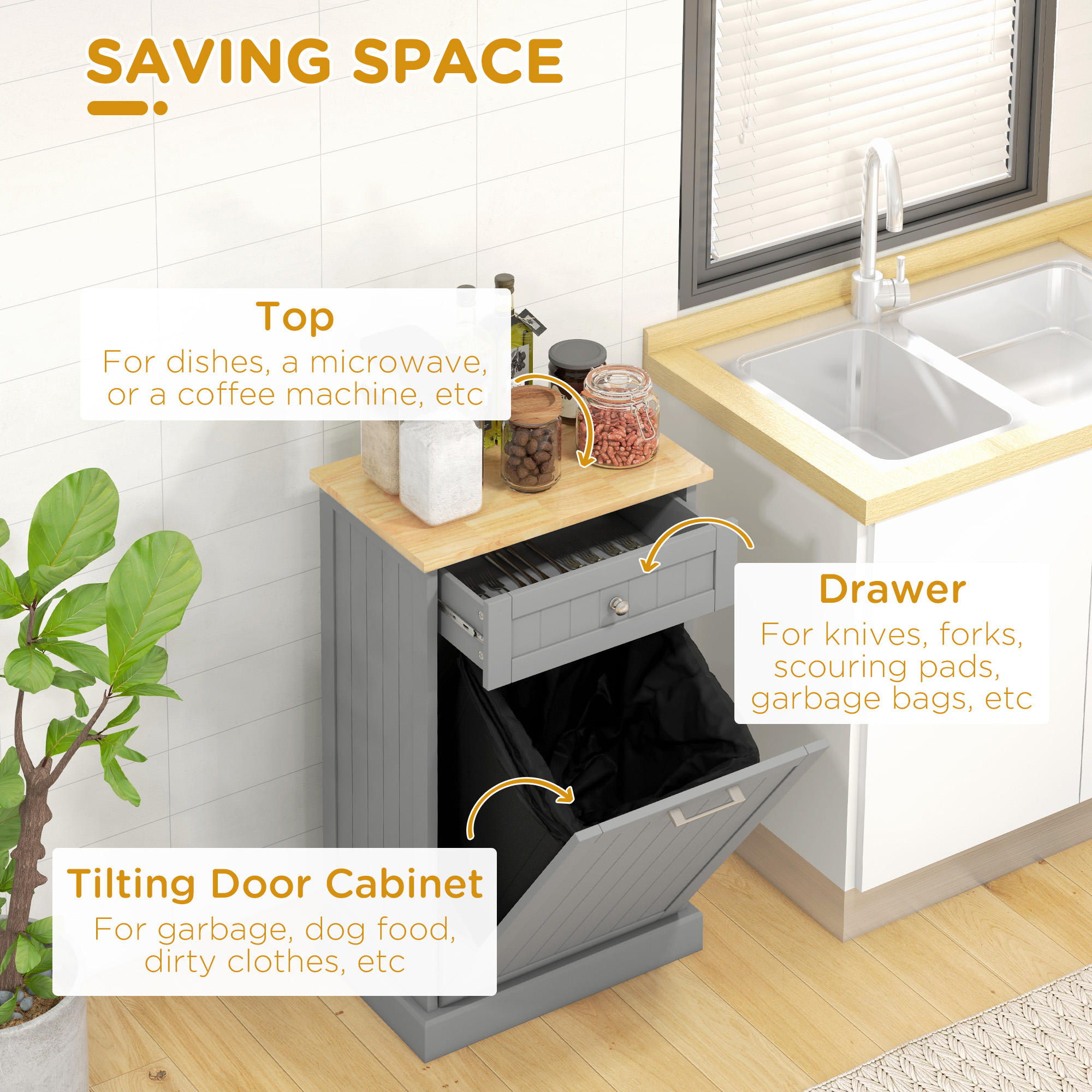 Kitchen Tilt Out Trash Bin Cabinet, Free Standing Recycling Cabinet, Trash Can Holder with Drawer, Grey - Image 3