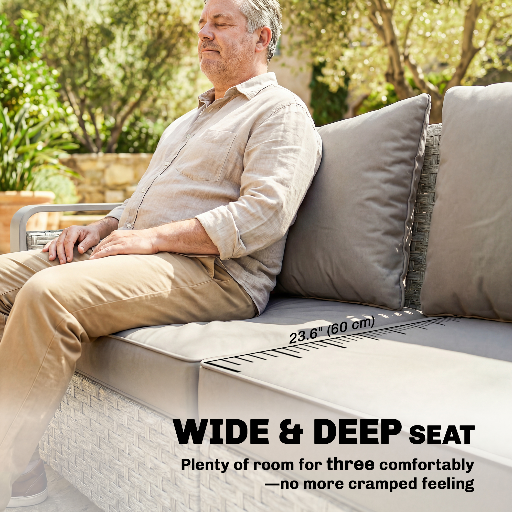 Rattan Wicker Sofa 3-Seater Outdoor Couch with Cushions for Patio Garden Grey - Image 2
