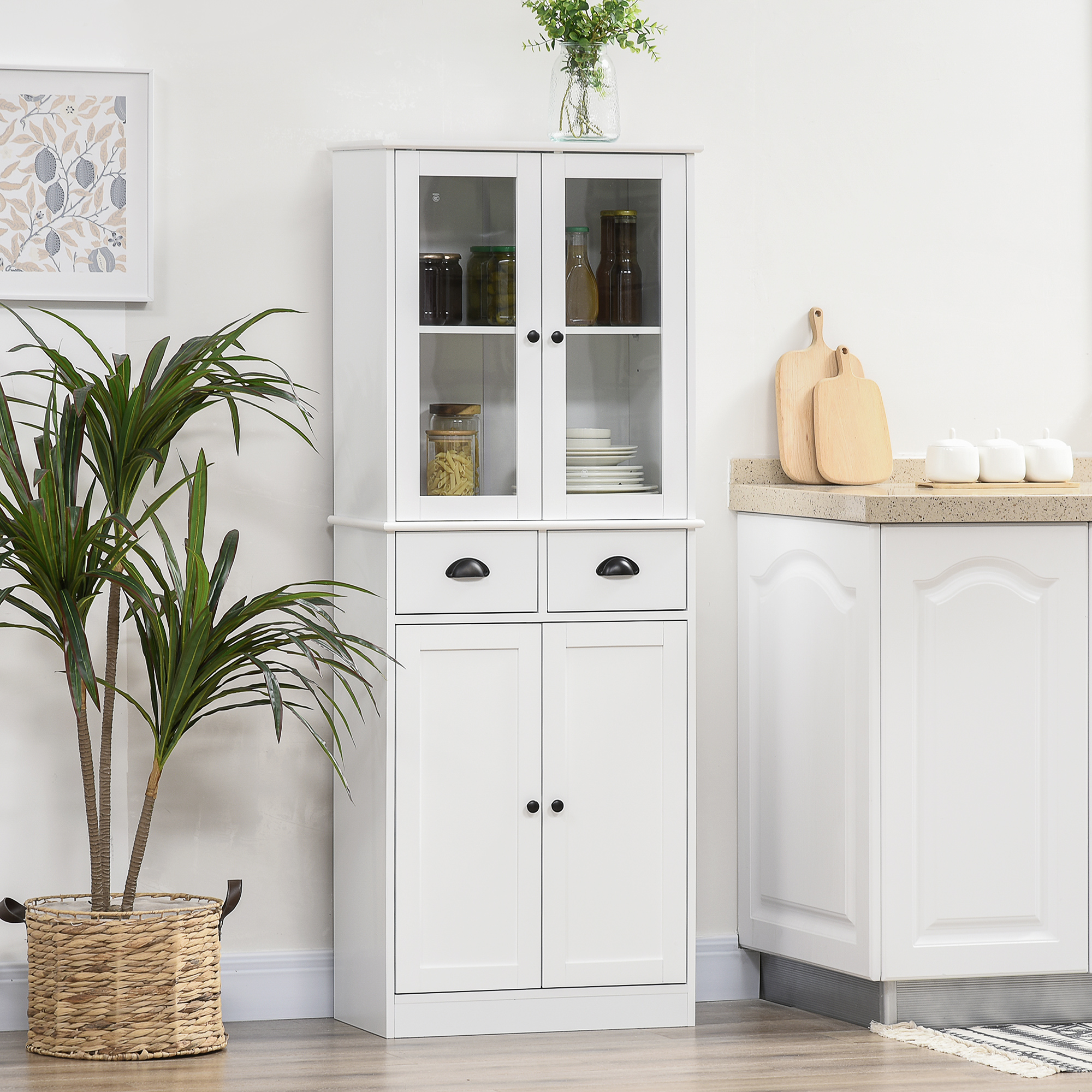 61" Kitchen Pantry Cabinet, Freestanding Farmhouse Buffet Storage Cabinet with Soft Close Glass Doors and Adjustable Shelves, White - Image 6