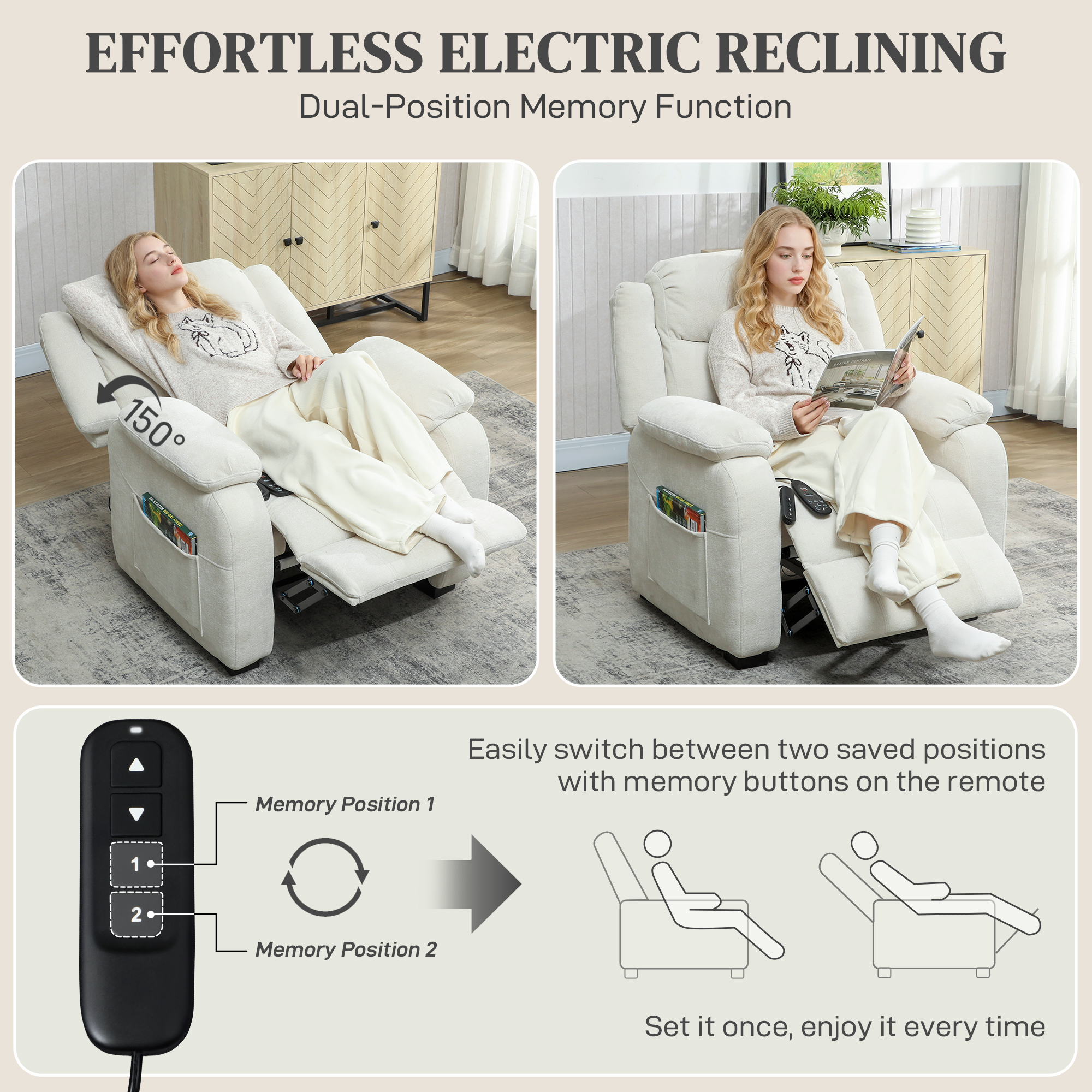 Massage Recliner Chair, Power Recliner with Quiet Brushless Motor, Remote, Pockets, 2 Memory Positions, Beige - Image 2