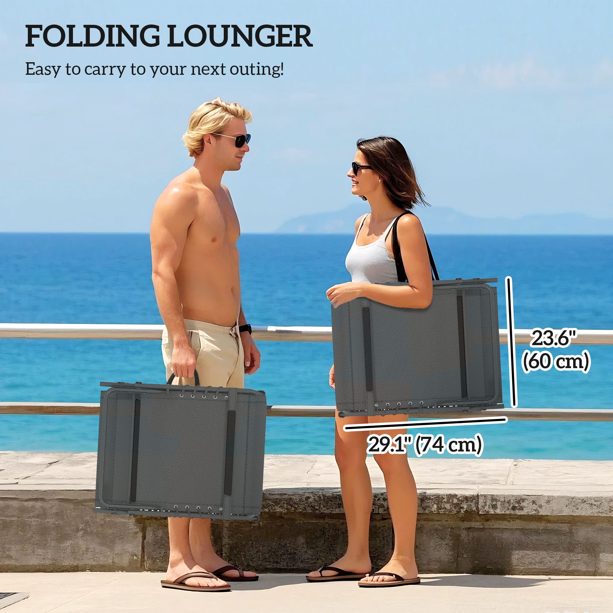 Outdoor Lounge Chair Set of 2, Folding Chaise Lounge Tanning Chair with Cushion, Side Pocket, Grey - Image 4