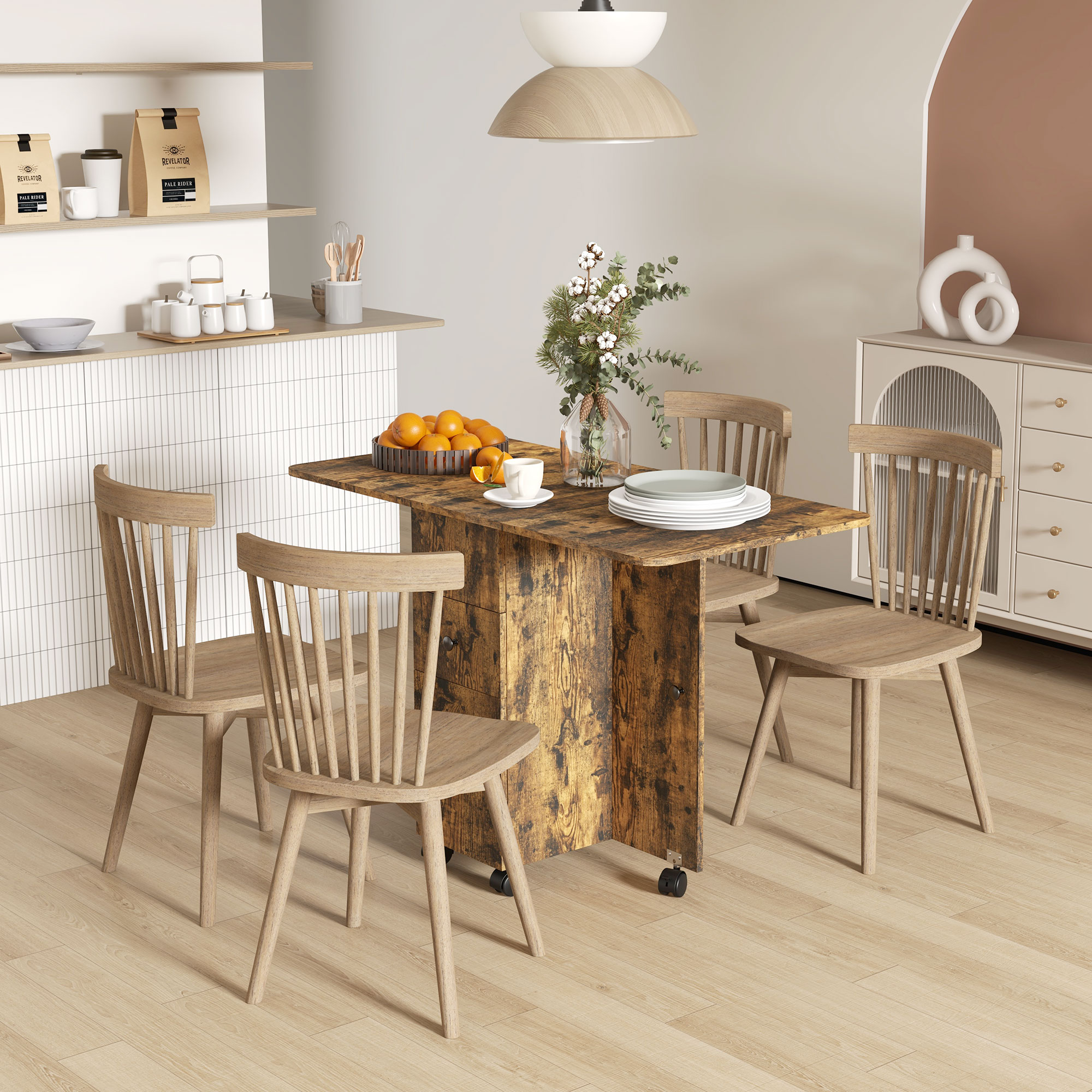 Drop Leaf Dining Table, Mobile Folding Table on Wheels with Drawers and Cabinet for Dining Room, Kitchen, Rustic Brown - Image 6