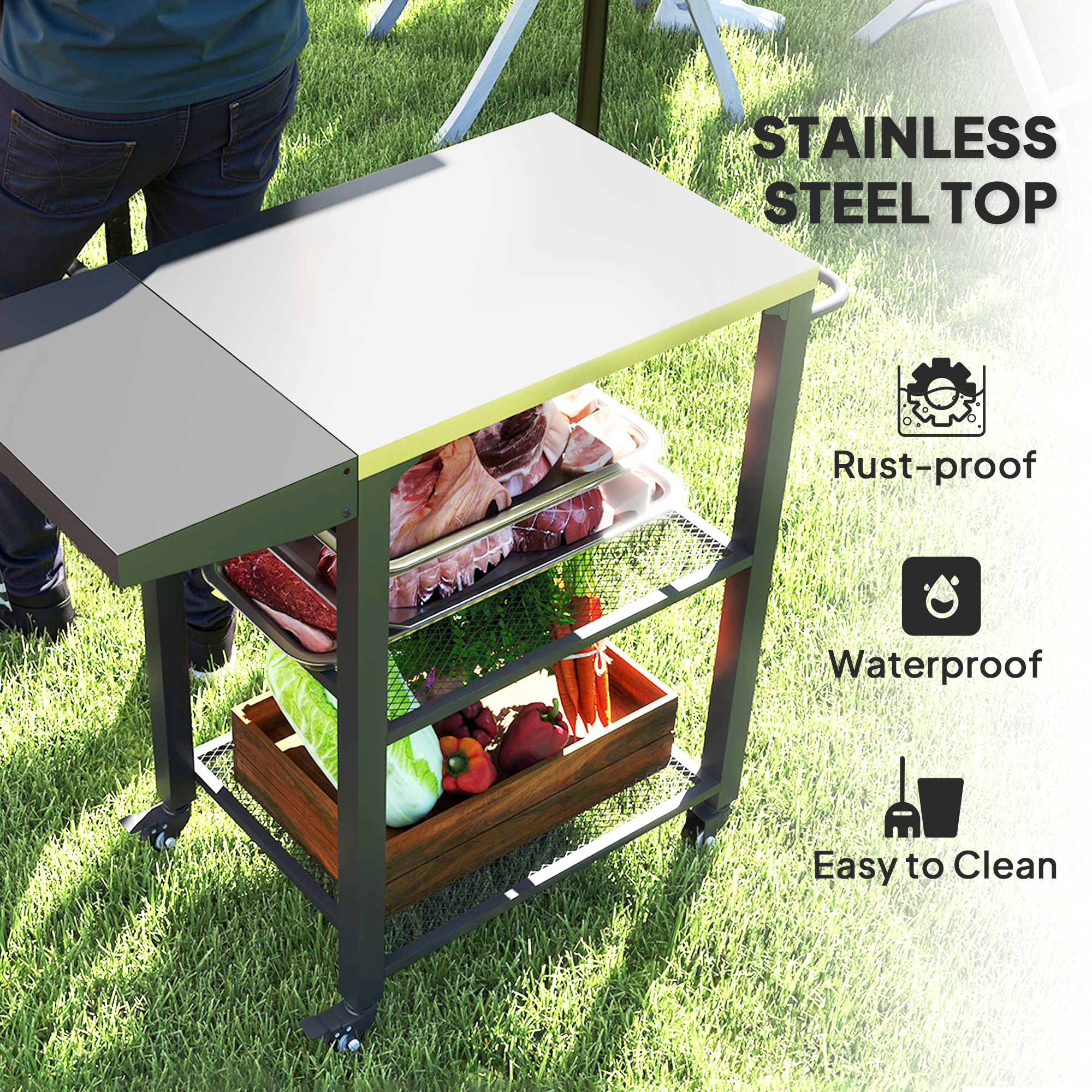 Outdoor Grill Cart w/ Foldable Side Table, 3-Tier Pizza Oven Stand w/ Stainless Steel Tabletop, Hooks, Wheels - Image 2