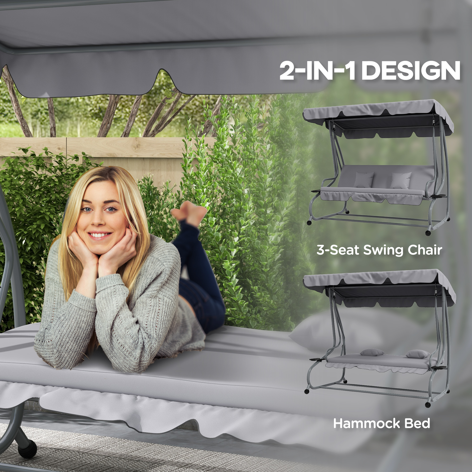 Outdoor 3-Seater Patio Swing Chair, Outdoor Swing Seat, with Adjustable Canopy and Two Pillows for Garden, Light Grey - Image 2