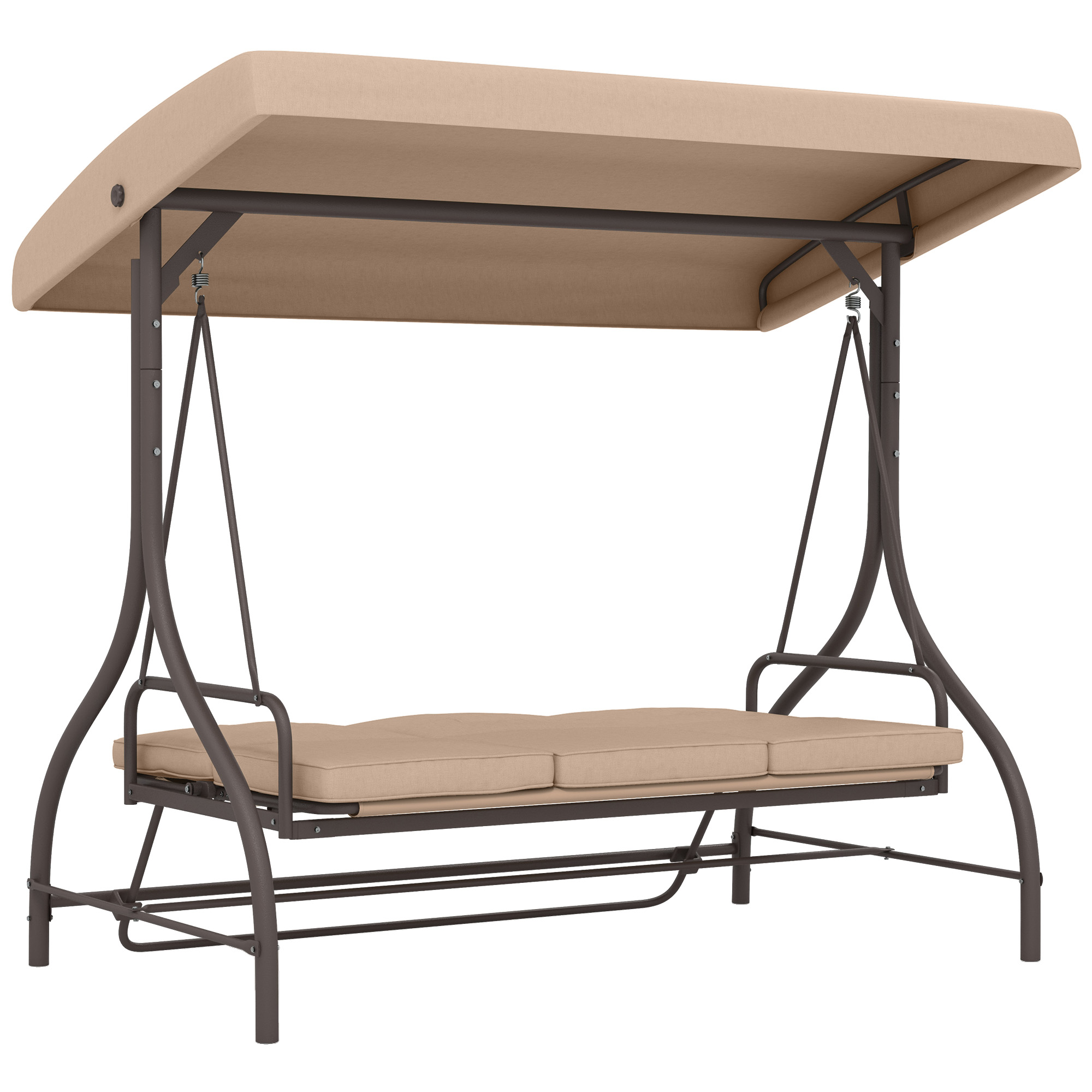 Convertible Patio Swing Bed with Canopy and Cushions, 3 Seater Porch Swing for Outdoor, Backyard, Garden, Khaki