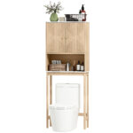 Over The Toilet Storage Cabinet with Adjustable Shelf, Open Shelf and Adjustable Bottom Bar, Oak