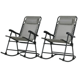 2pc Patio Foldable Rocking Chair Set w/ Breathable Mesh Seat & Backrest, Headrest for Park, Backyard, Garden, Grey