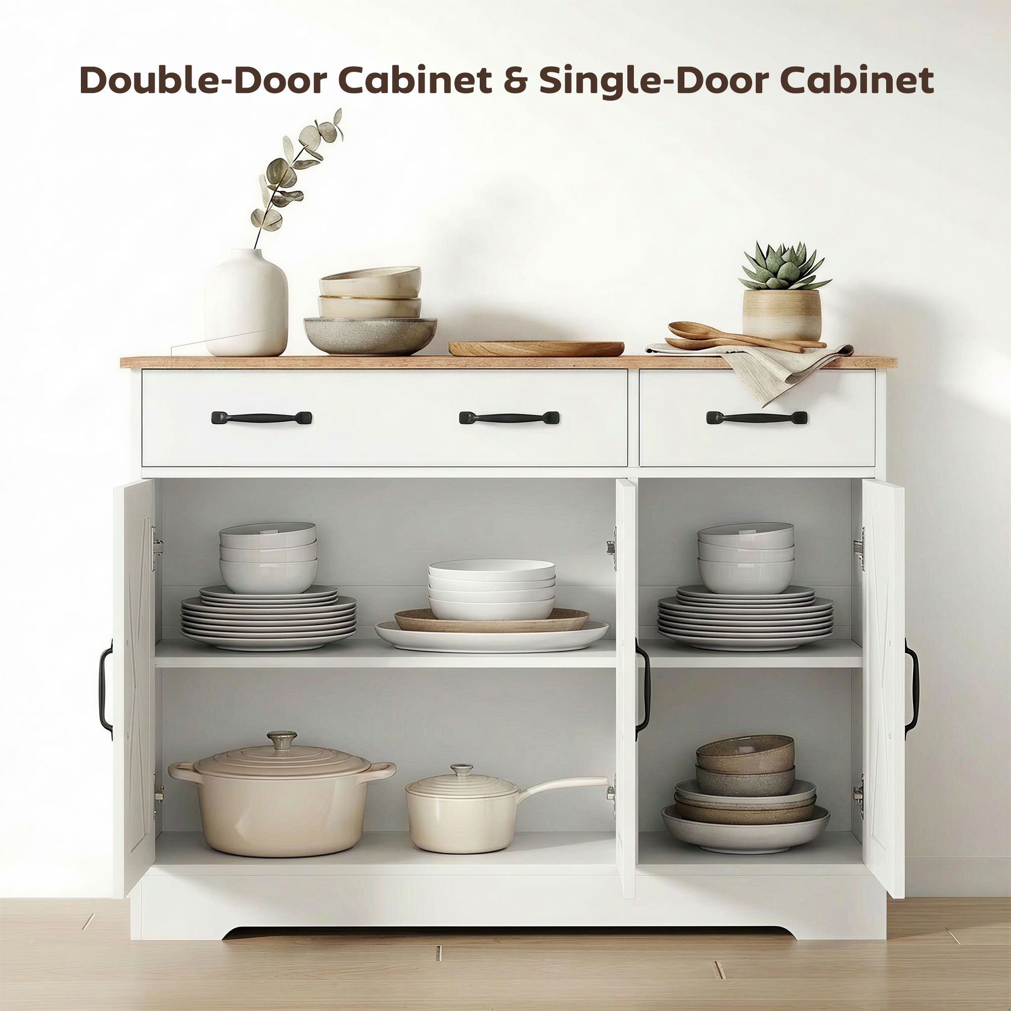 Sideboard Buffet Cabinet, 43" Farmhouse Kitchen Cabinet with 3 Barn Doors, 2 Drawers, 2 Adjustable Shelves, White - Image 2