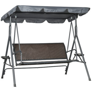 3-Seat Patio Swing Chair, Outdoor Canopy Swing Glider with Adjustable Shade, Rattan Seat and Steel Frame, for Porch, Garden, Poolside, Dark Grey