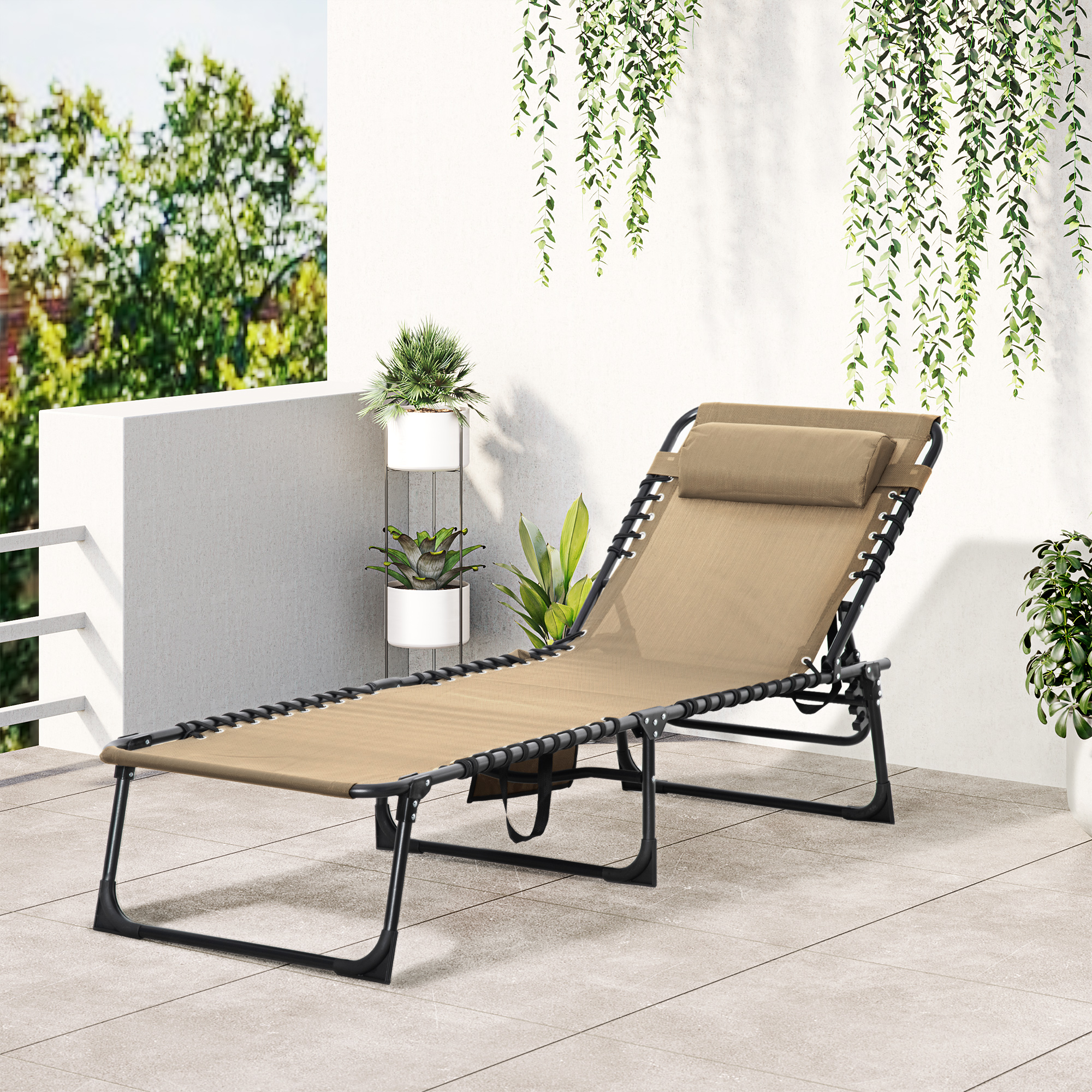 Outdoor Folding Chaise Lounge, Reclining Lounge Chair with Adjustable Backrest and Removable Pillow, Beige - Image 6