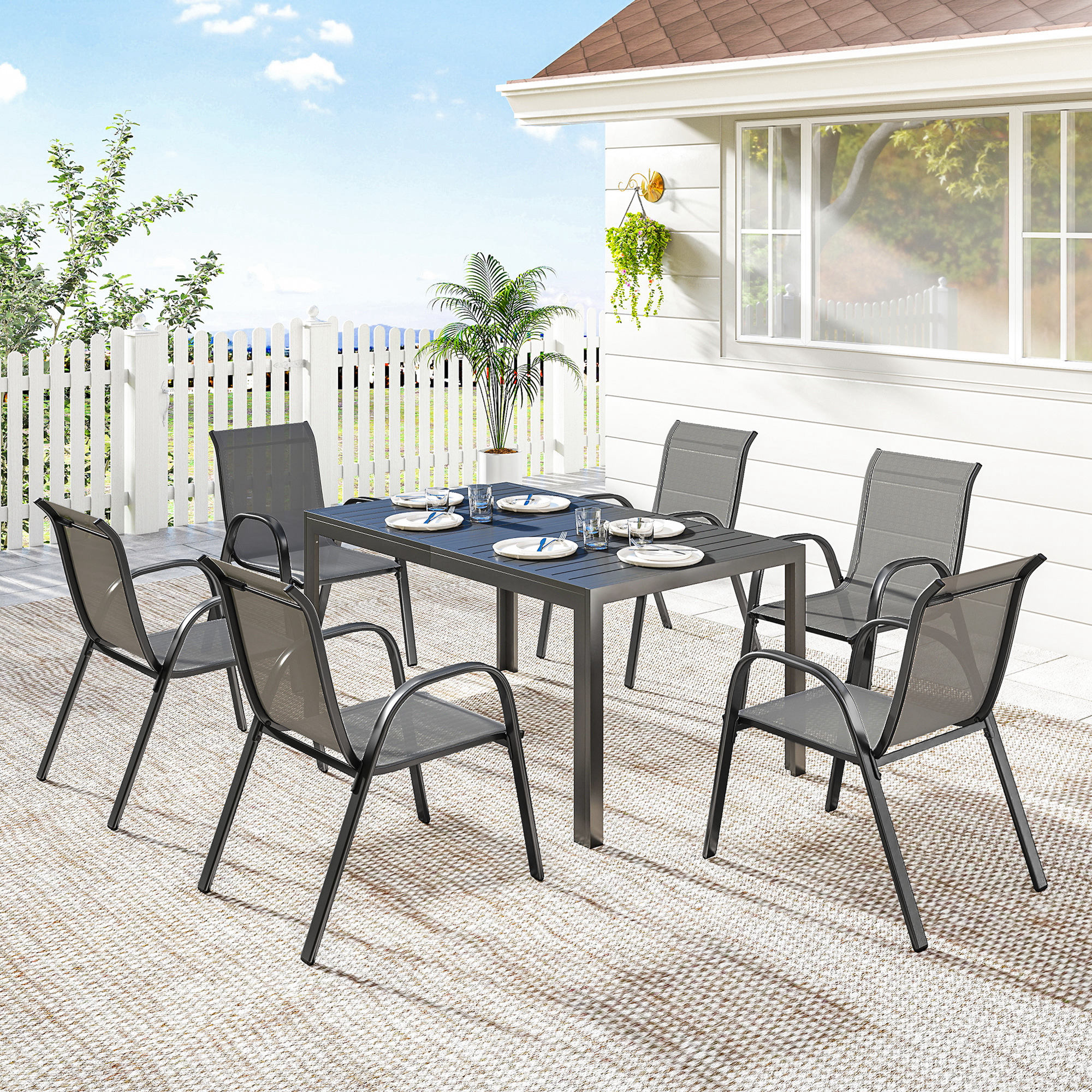 7 Pieces Outdoor Dining Set for 6, Patio Furniture Set with Rectangular Patio Table and Stackable Chairs, Light Grey - Image 6