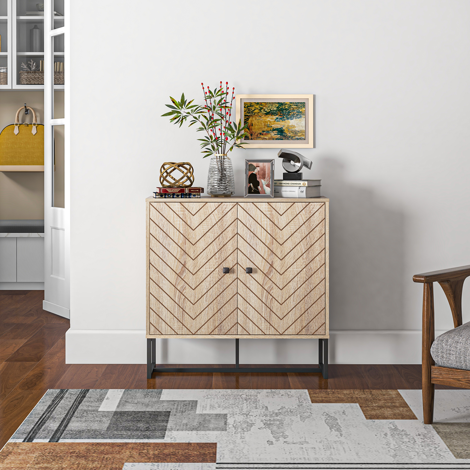 Modern Sideboard, Buffet Cabinet with 2 Chevron Doors and Adjustable Shelf, Kitchen Storage Cabinet with Steel Base, Coffee Bar Cabinet, 31.5" H, Oak - Image 5