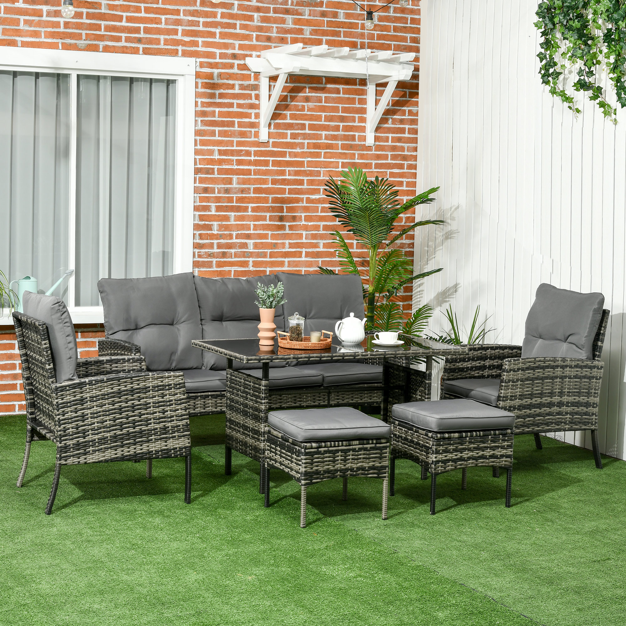6-Piece Outdoor Patio Furniture Set with Chairs, Ottomans, Sofa, Glass Top Coffee Table and Cushions, Wicker Rattan Conversation Set for Backyard and Porch, Grey - Image 5