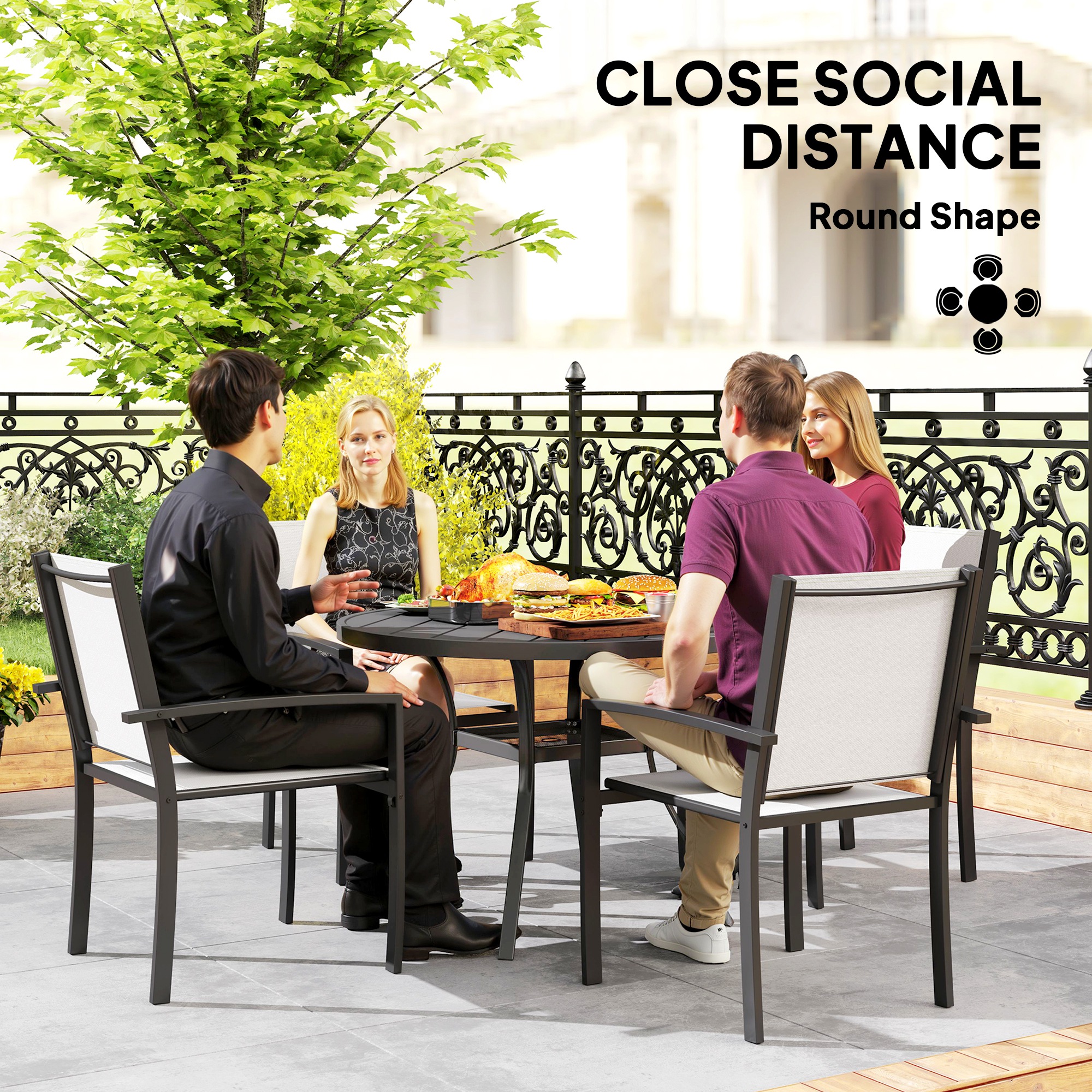 5 Piece Outdoor Dining Set with Round Table and 4 Stackable Chairs, for Backyard, Lawn, Deck, Balcony, Pool Side - Image 4