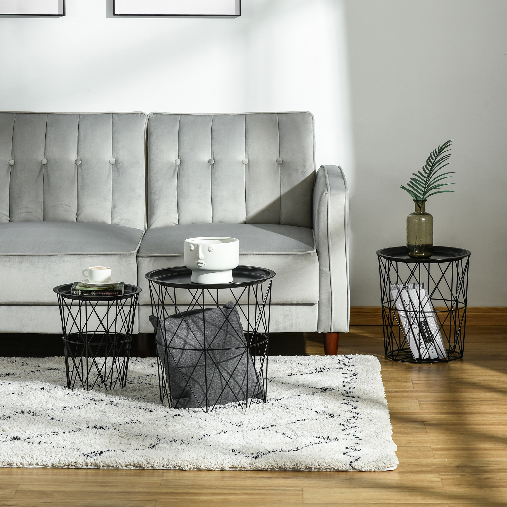 Set of 3 Nesting Coffee Tables with Storage, Round End Table with Removable Tray, Basket Side Tables with Metal Frame for Living Room, Black - Image 5