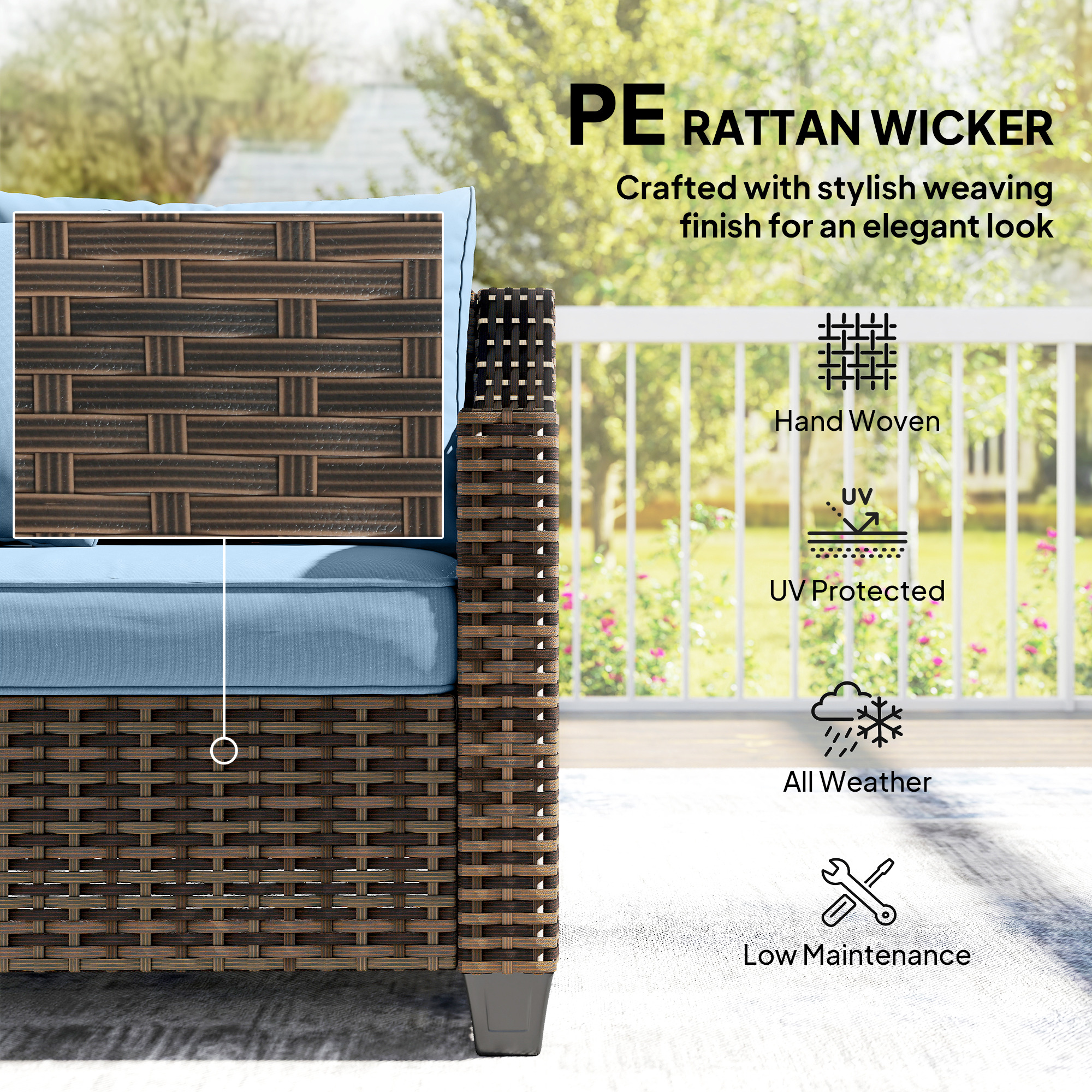 PE Wicker Outdoor Couch Sofa, 4-Seater Modular Patio Furniture Lounge Set with 2 Loveseats, Cushions, Pillows, Blue - Image 3