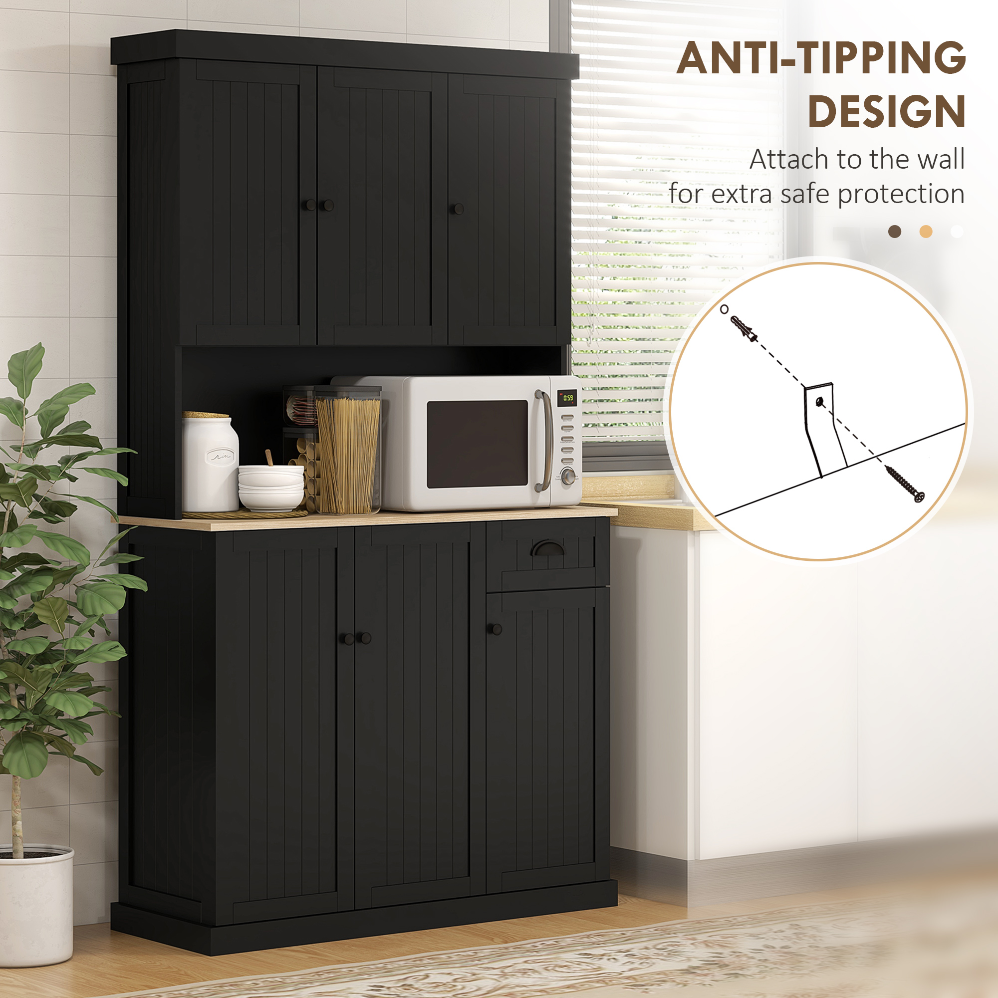 71" Kitchen Pantry Buffet with Hutch Storage Cabinet Microwave Oven Stand with Drawer, Black - Image 5