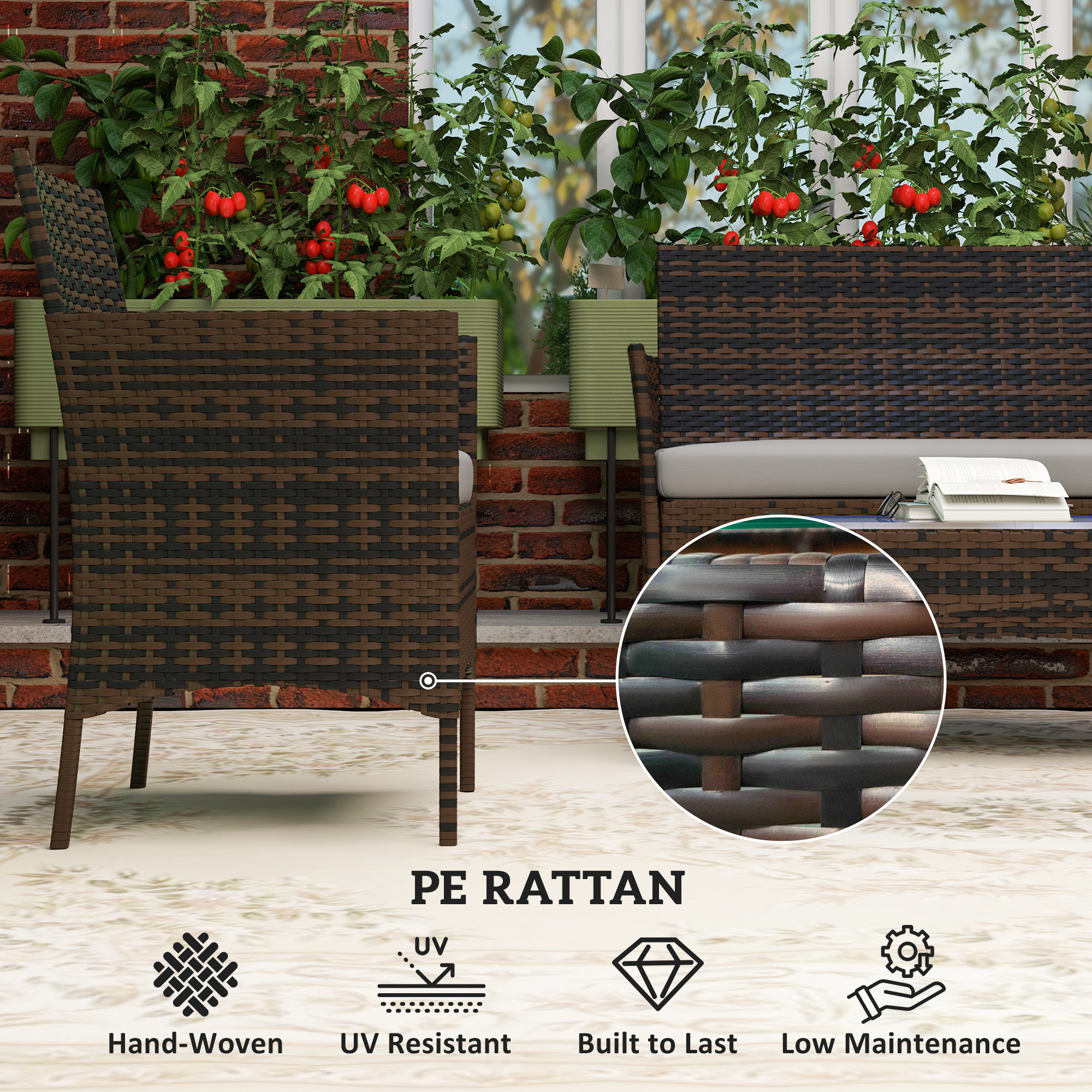 4 Pieces Wicker Outdoor Balcony Furniture Set Rattan Patio Furniture Set with Loveseat Chairs Glass Coffee Table Grey - Image 2