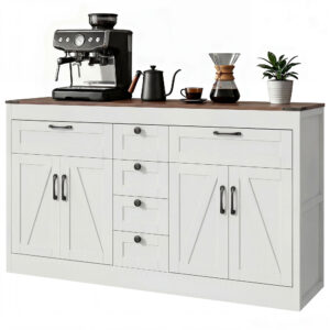 Sideboard Buffet Cabinet, 55" Farmhouse Kitchen Cabinet with 4 Barn Doors, 6 Drawers and 2 Adjustable Shelves, White