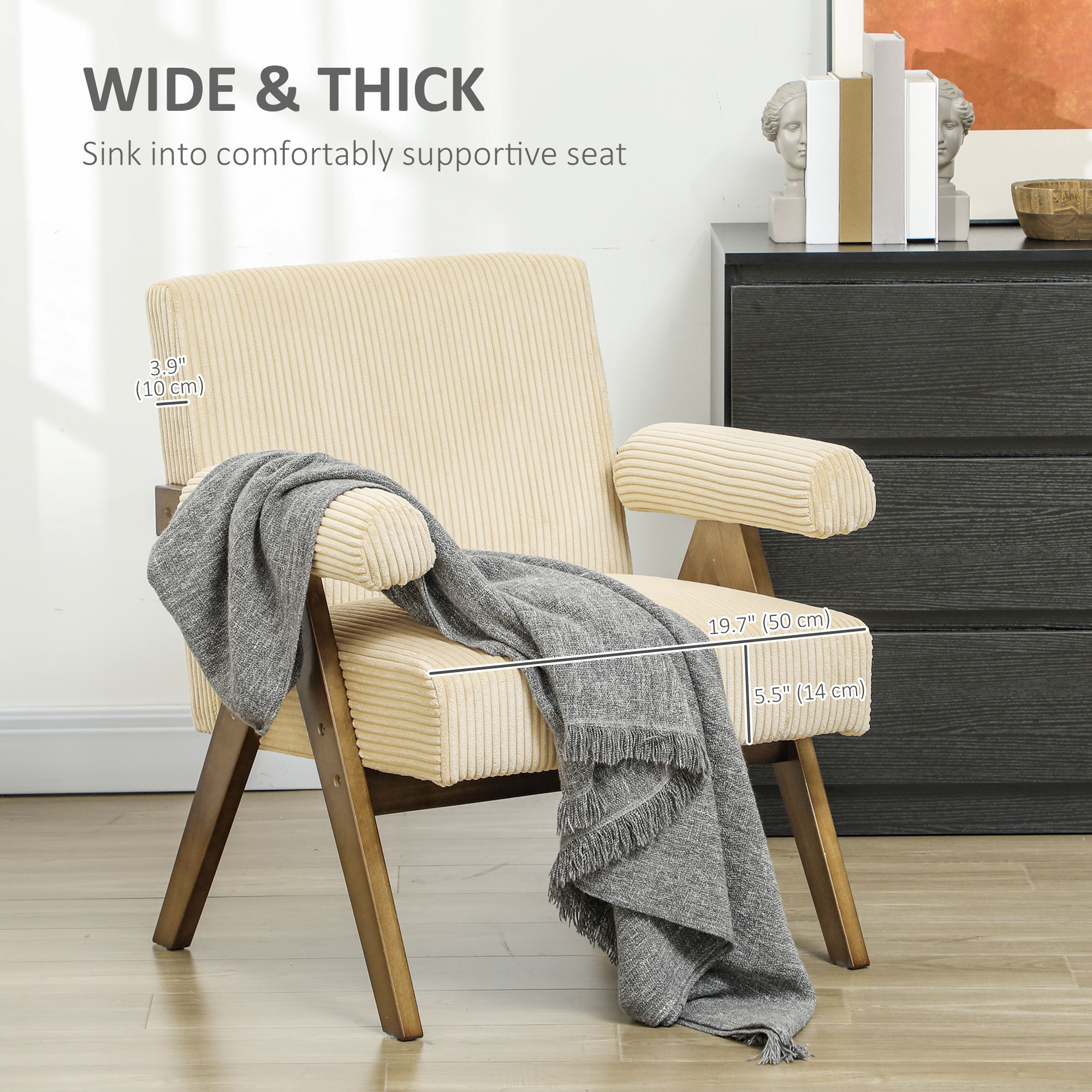 Corduroy Accent Chair Armchair with Wide Seat and Soft Padded Armrests for Reading, Bedroom, Beige - Image 2