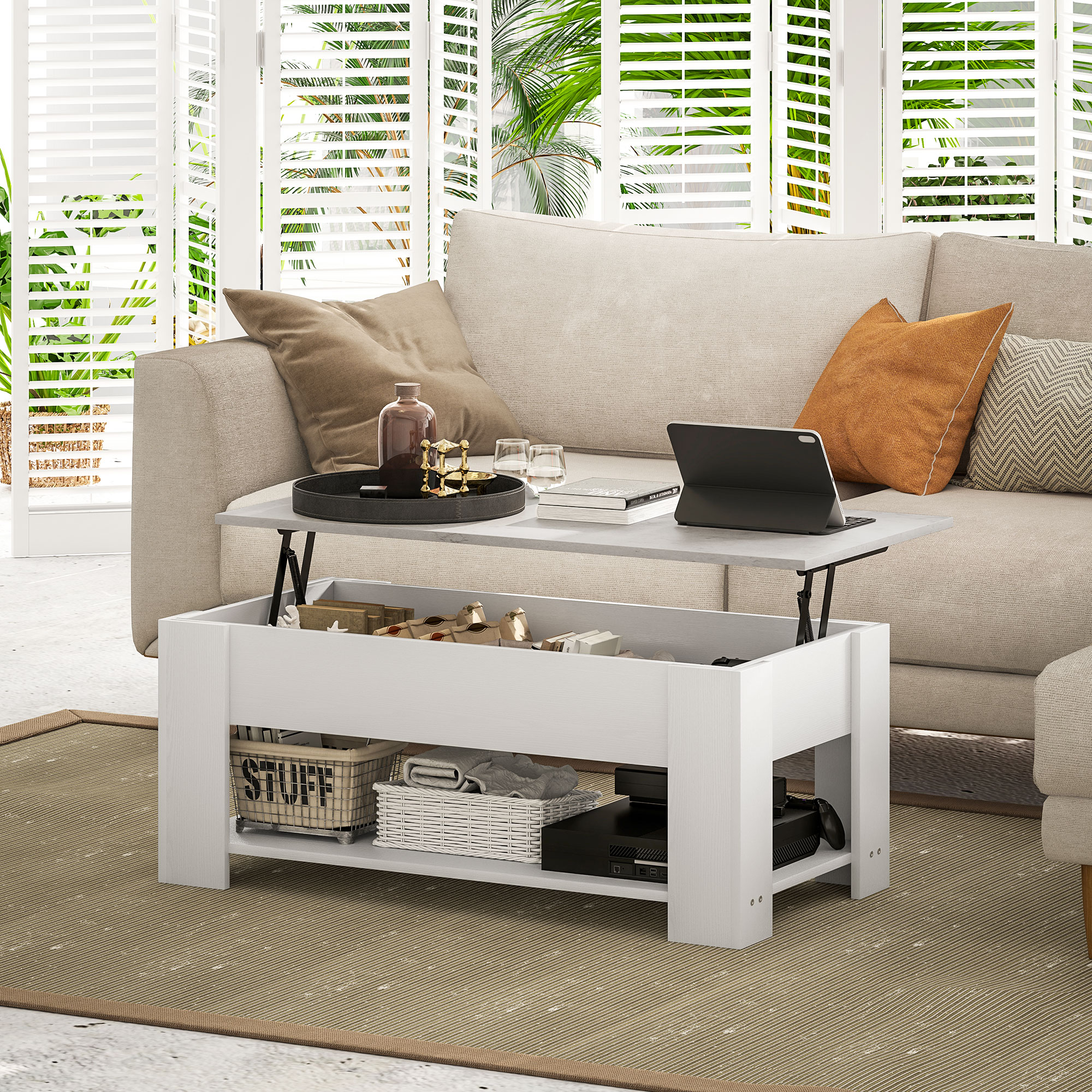 Lift Top Coffee Table with Hidden Storage Compartment and Open Shelf, Center Table for Living Room, White - Image 6
