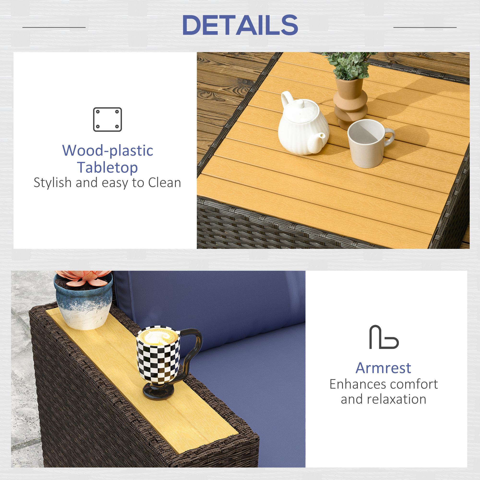 6 Pieces Outdoor Rattan Patio Furniture Set with Corner Sofa, Wood-Plastic Coffee Table, Navy Blue - Image 5