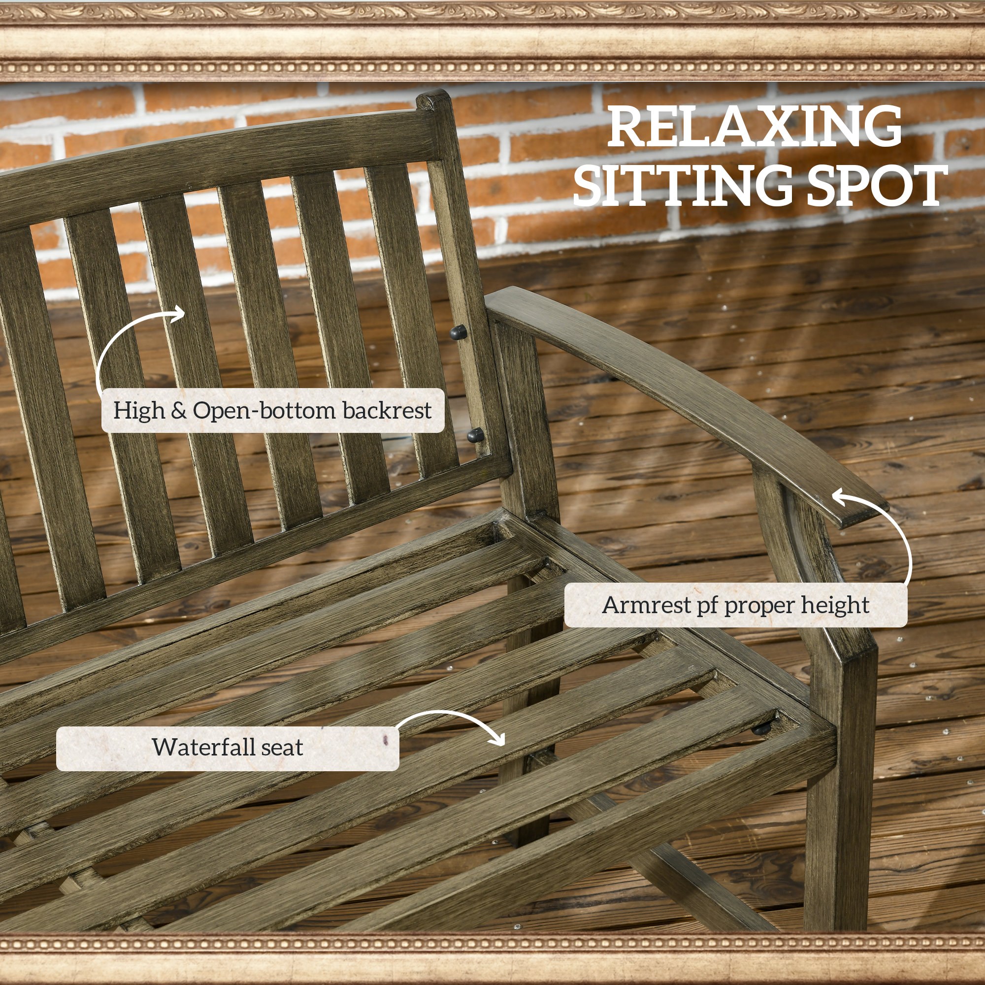 Outdoor Garden Bench, Metal Bench, Wood Look Slatted Frame Furniture for Patio, Park, Porch, Lawn, Yard, Deck, Black - Image 3