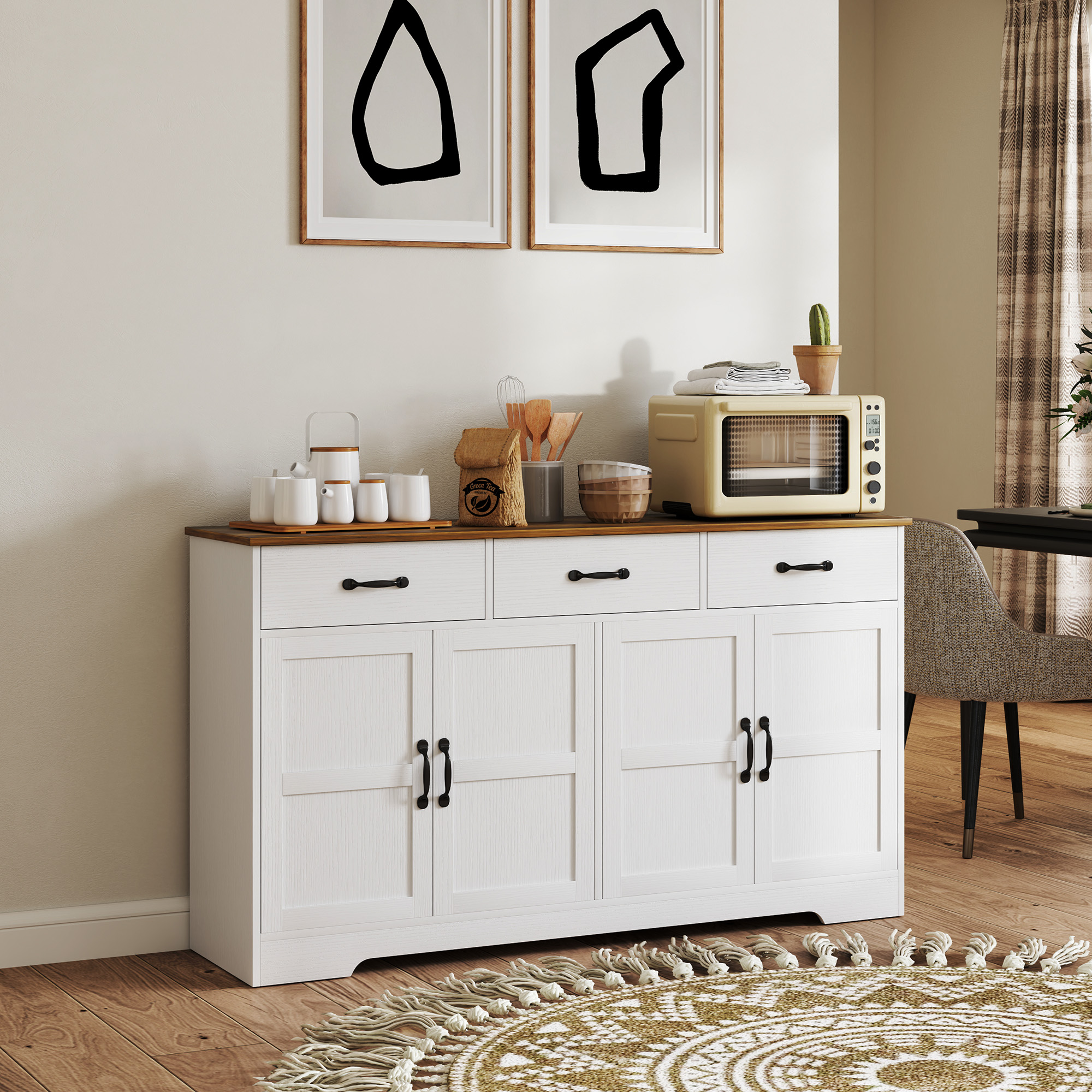 Sideboard Buffet Cabinet with Storage, Modern Coffee Bar Cabinet with 3 Drawers and Adjustable Shelves, Distressed White - Image 6