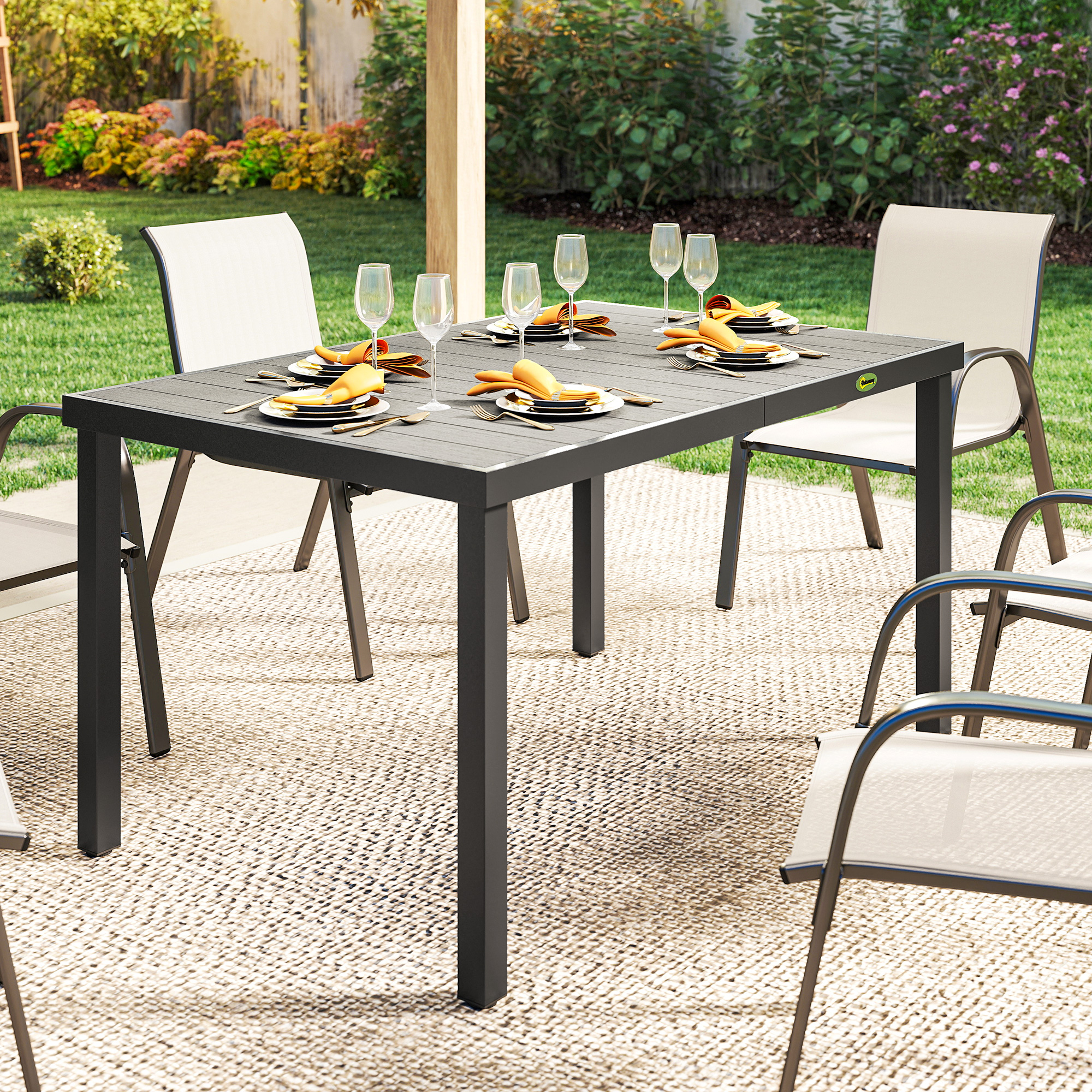 Rectangular Patio Table for 6, Outdoor Dining Table with Wood-Plastic Composite Top and Steel Frame for Garden, Grey - Image 5